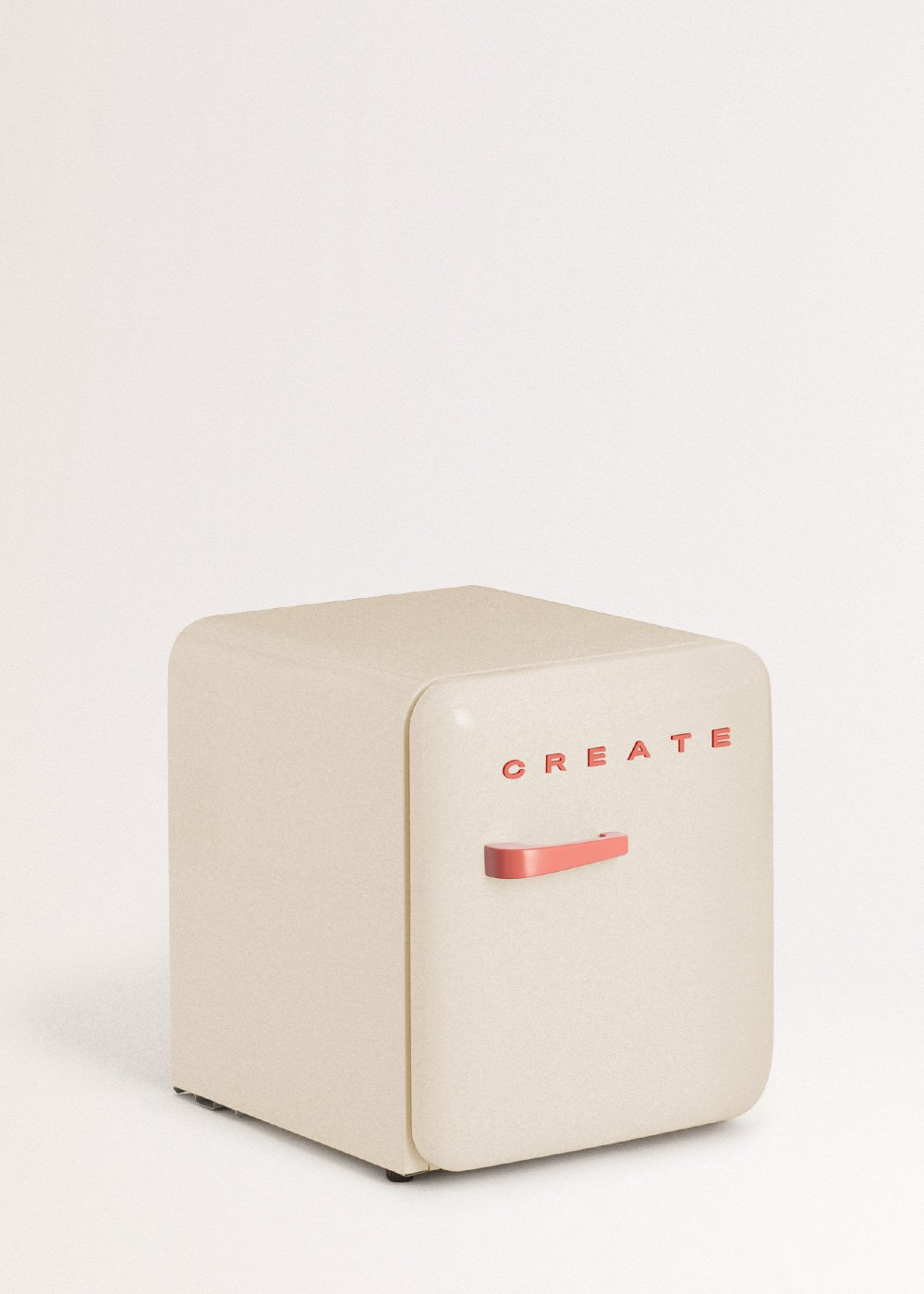 Min nevera crema con asa roja y texto 'CREATE', sobre fondo blanco.