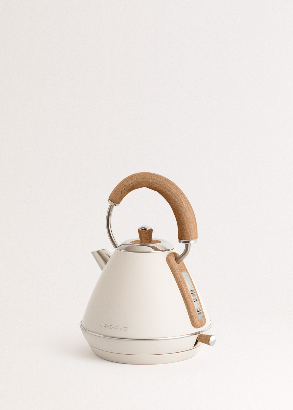 Hervidor eléctrico crema con mango y detalles de madera sobre fondo blanco.