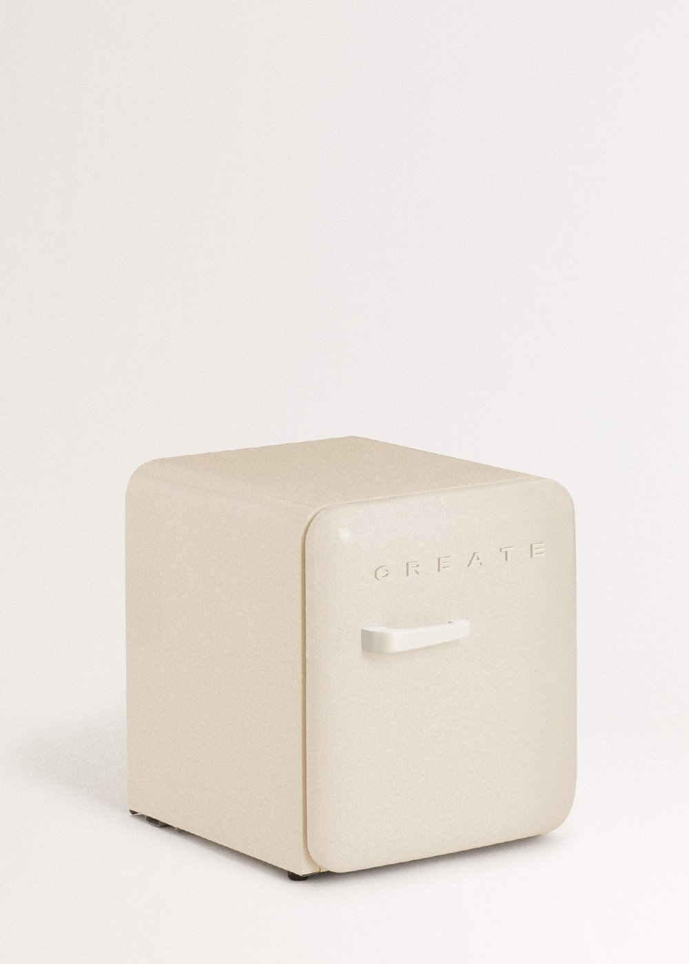 Un mini-frigorífico beige con la palabra 'CREATE' en la puerta, un asa blanca y fondo blanco.