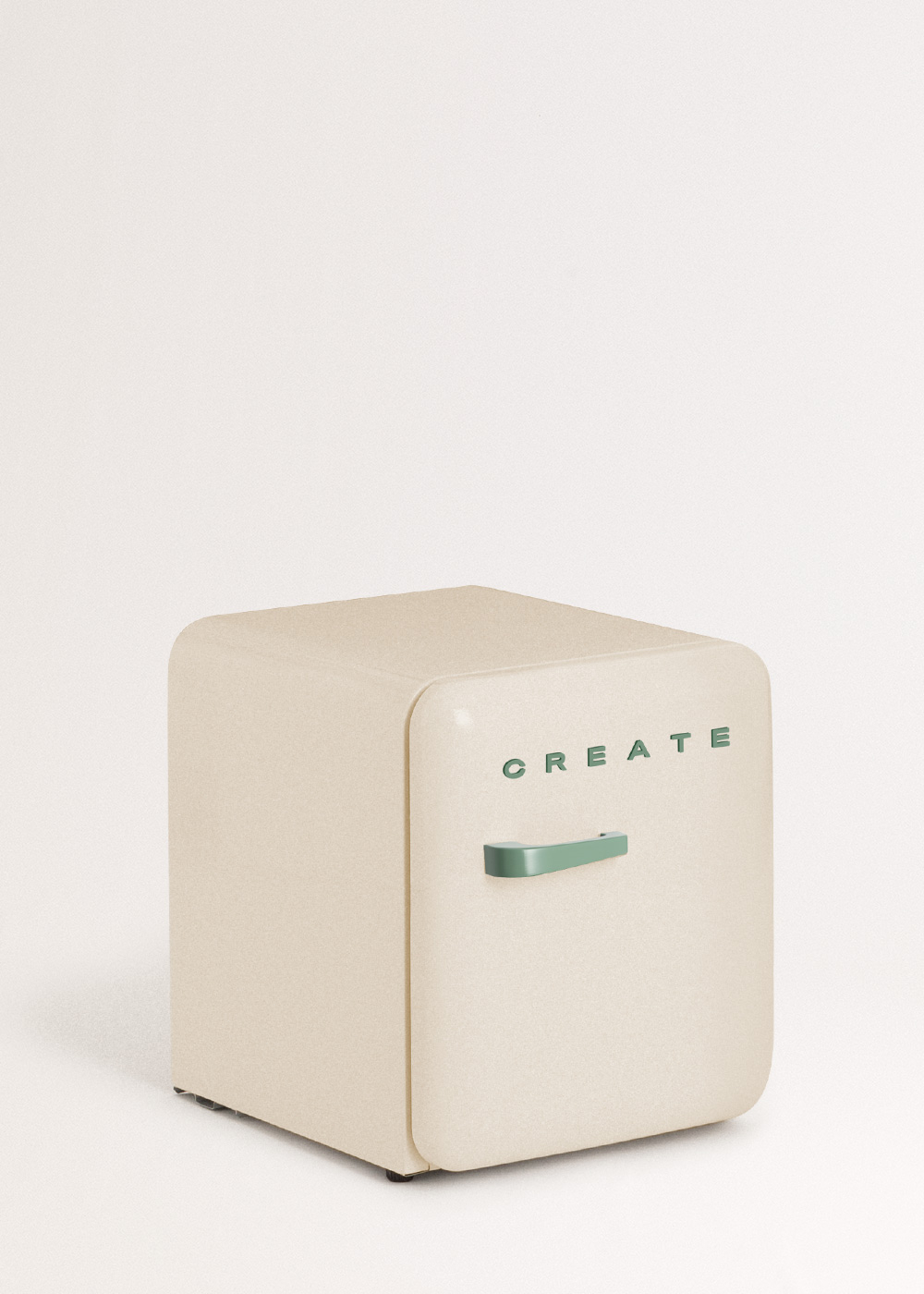 Un mininevera color crema con la palabra CREATE en letras verdes. Tiene un asa verde. El fondo es blanco.