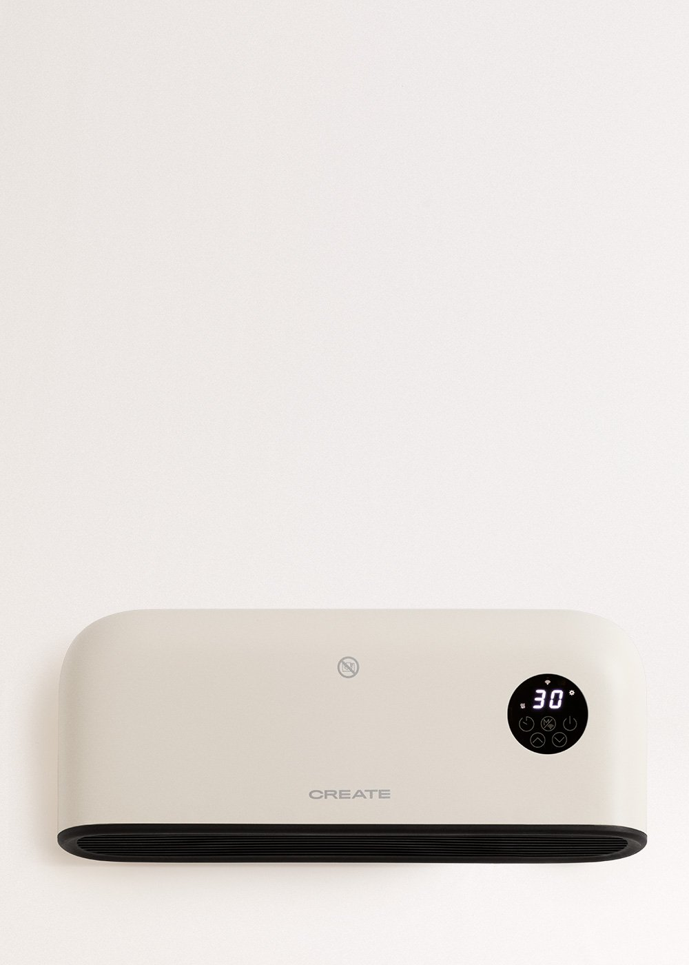 Un calefactor eléctrico beige con una pantalla digital que muestra 30 grados. La palabra CREATE está escrita en el calefactor.