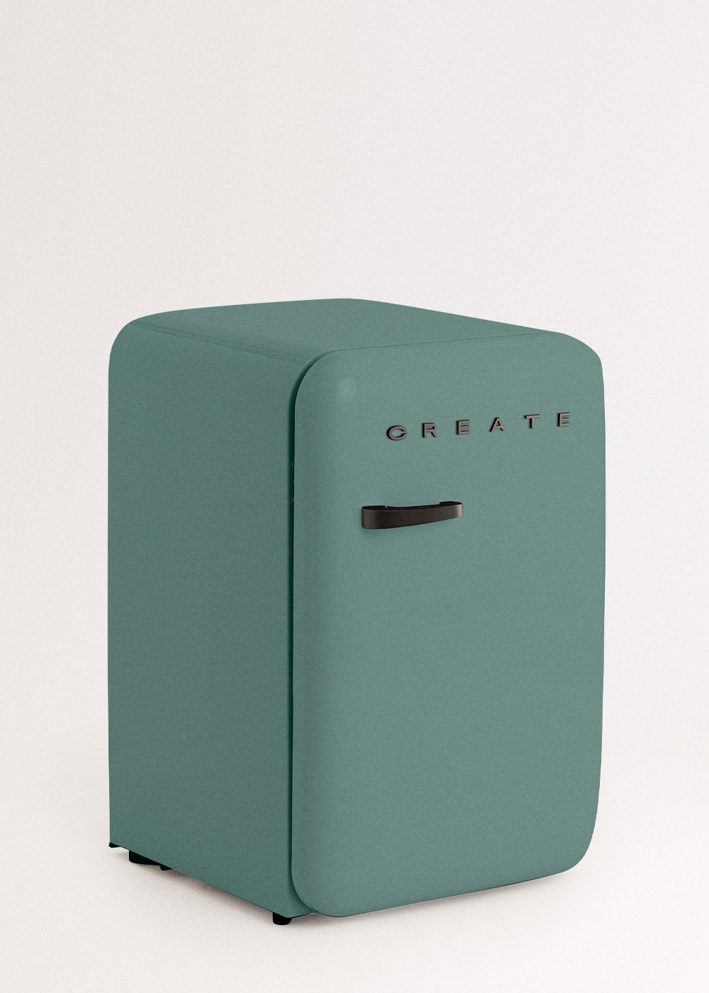 Un mini refrigerador verde azulado con la palabra CREATE. Tiene un asa negra y está sobre una superficie blanca.