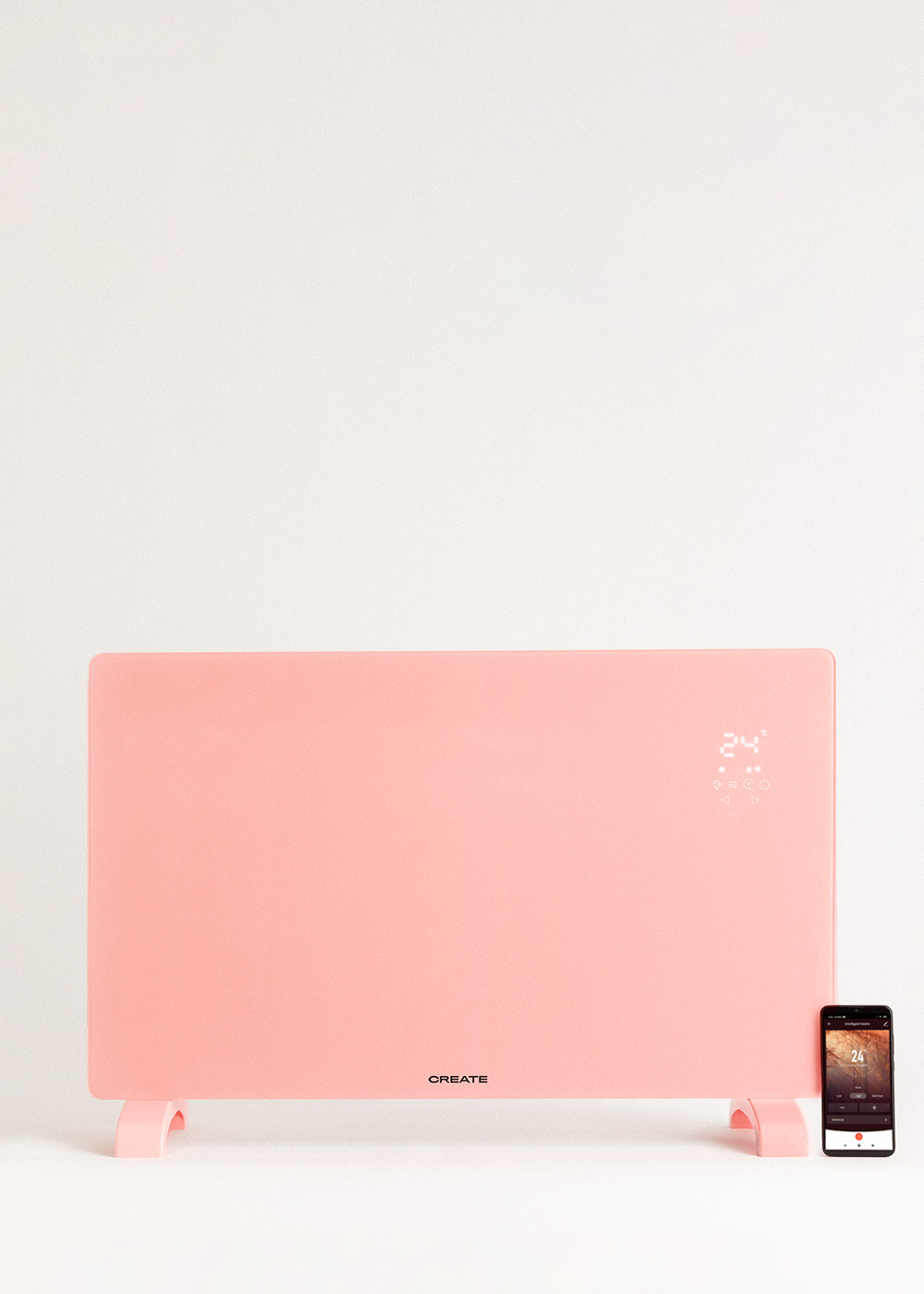 Calentador eléctrico rosa con pantalla digital de 24 grados y un smartphone con información similar.