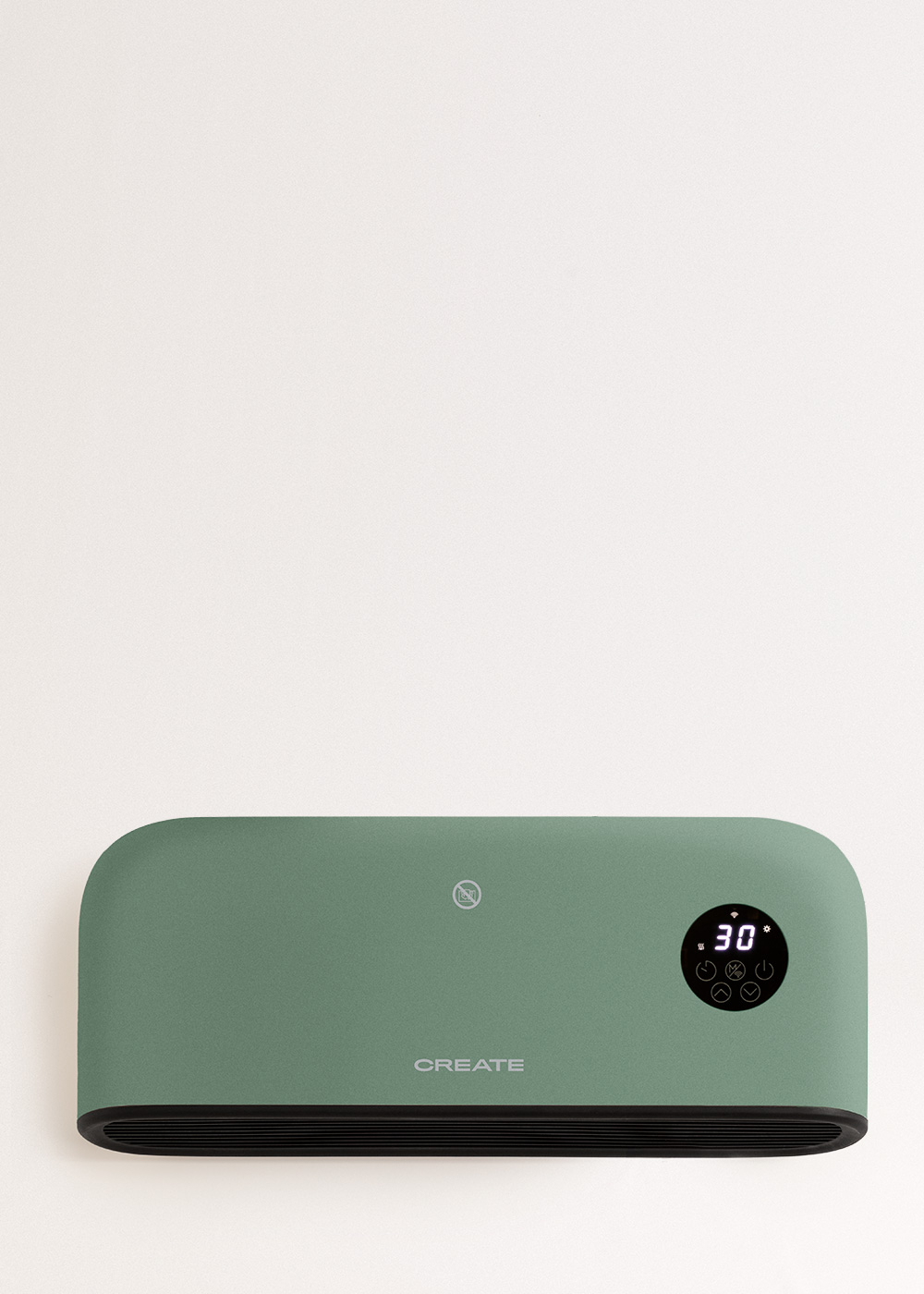 Un calefactor verde Create con una pantalla digital que muestra 30 grados. Fondo blanco.