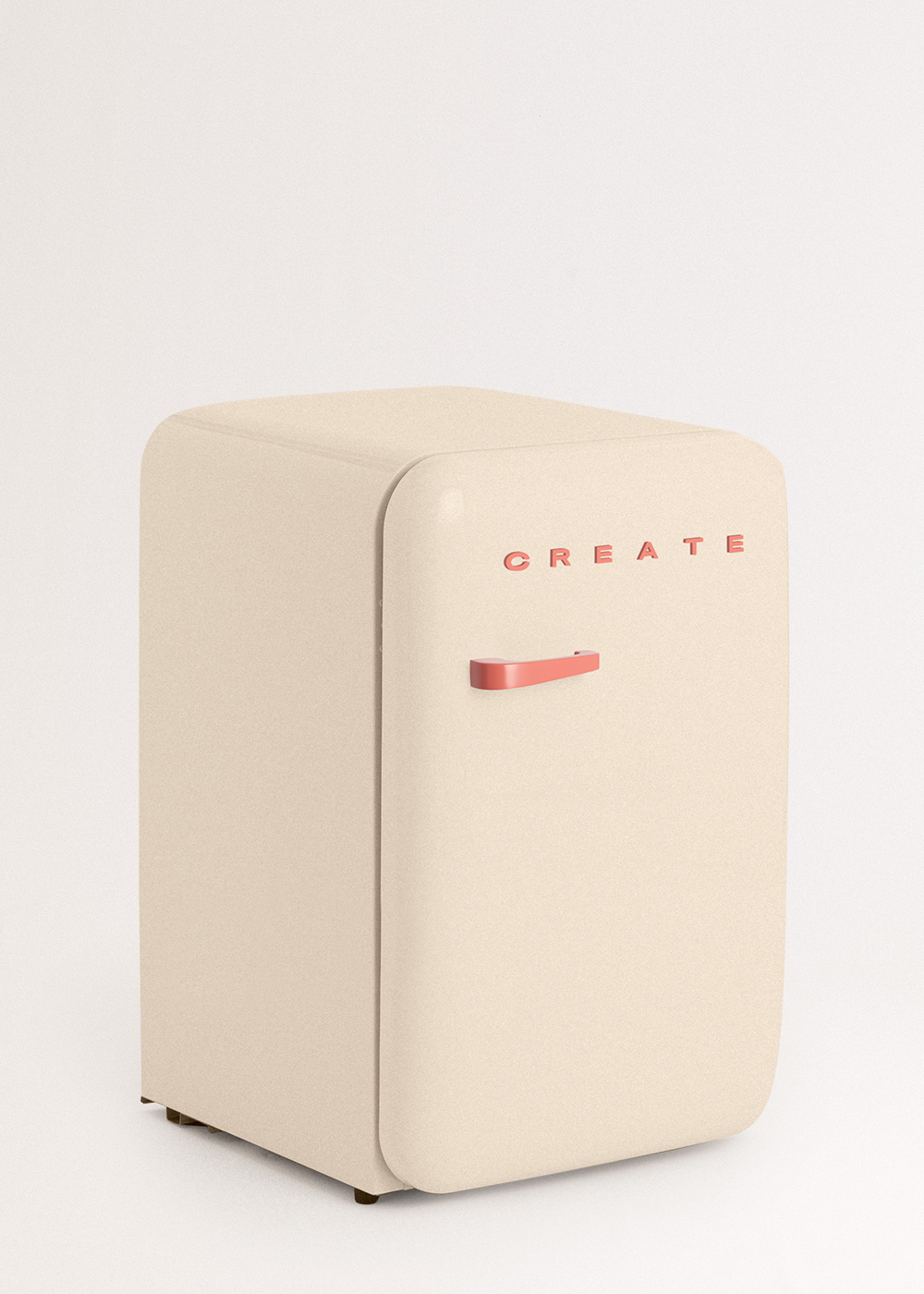 Un mininevera crema con texto rojo 'CREATE', un asa roja y una superficie texturizada. Está sobre una superficie blanca.