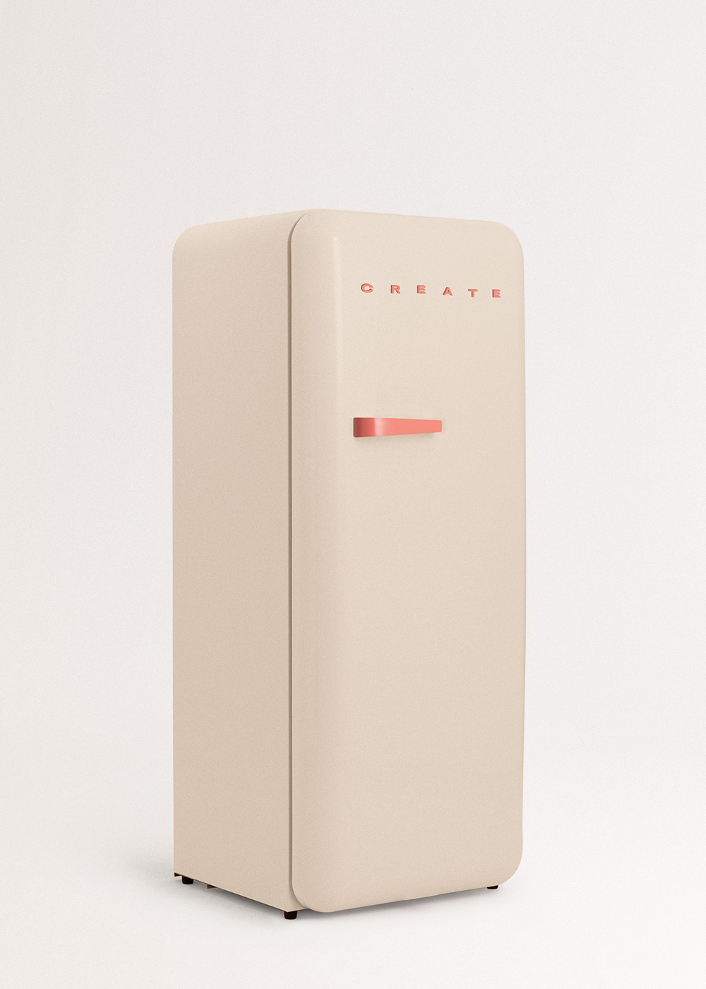 Un refrigerador beige con un asa coral y la palabra CREATE en letras rojas. Sobre un fondo blanco.