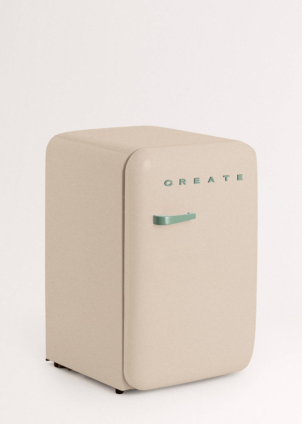 Un mini-refrigerador beige con bordes redondeados. La palabra CREATE es verde. La manija y el texto son verdes.