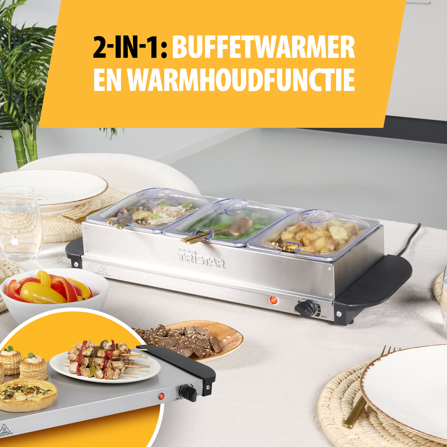Ein Buffetwärmer mit Speisen, darunter Gemüse und Fleisch. Oben steht '2-IN-1: BUFFETWARMER EN WARMHOUDFUNCTIE'.