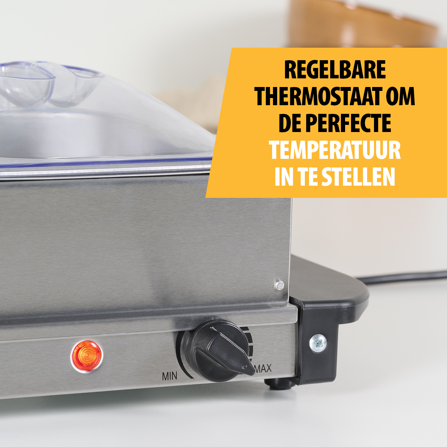 Edelstahlgerät mit Drehknopf und rotem Licht. Text: 'Einstellbarer Thermostat zur Einstellung der perfekten Temperatur'.