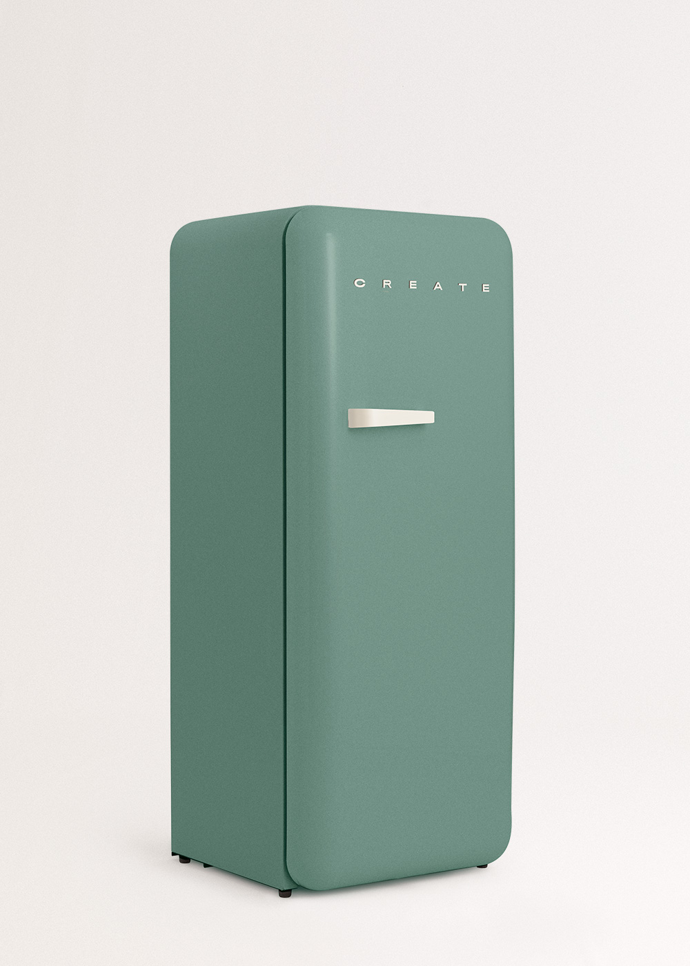 Un refrigerador verde azulado con un asa blanca sobre un fondo blanco. La palabra CREATE está en la puerta.