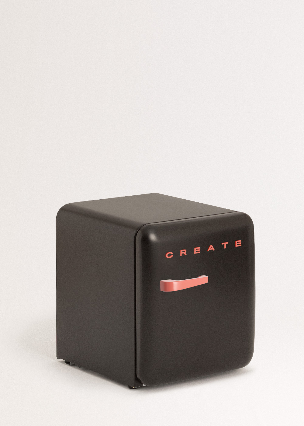 Mini nevera negra con asa roja y texto 'CREATE', sobre fondo blanco.