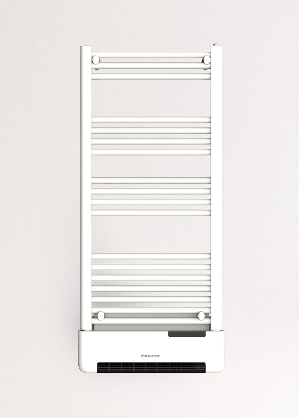 Un radiador de toallas blanco está centrado sobre un fondo claro. Tiene barras horizontales y un elemento calefactor inferior.