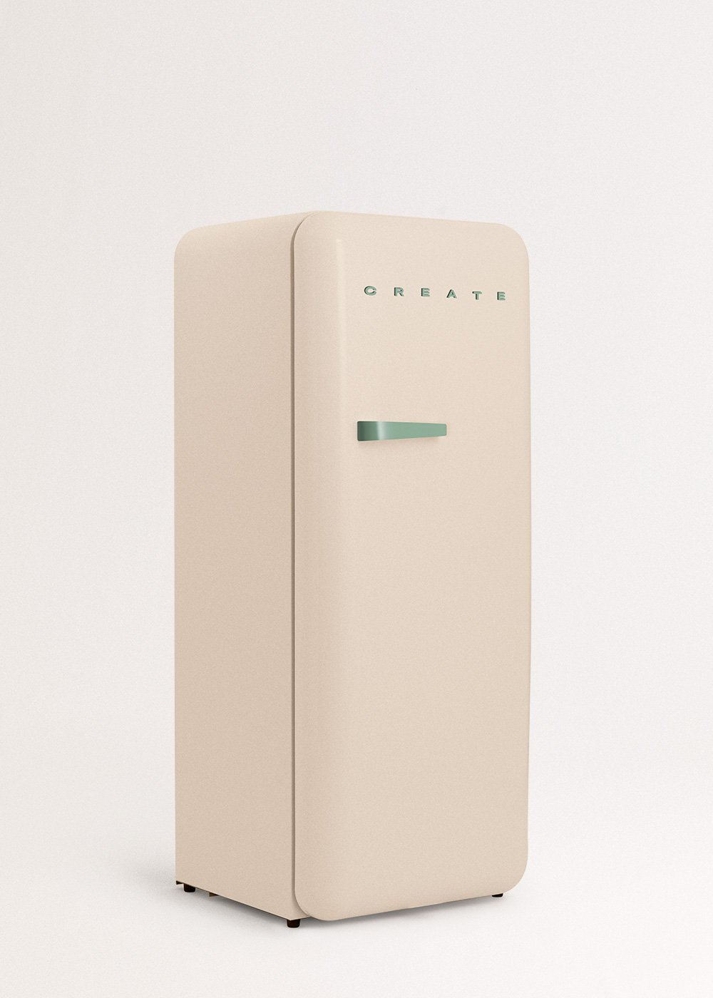 Un refrigerador color crema con un asa verde y la palabra CREATE en letras verdes sobre un fondo blanco.