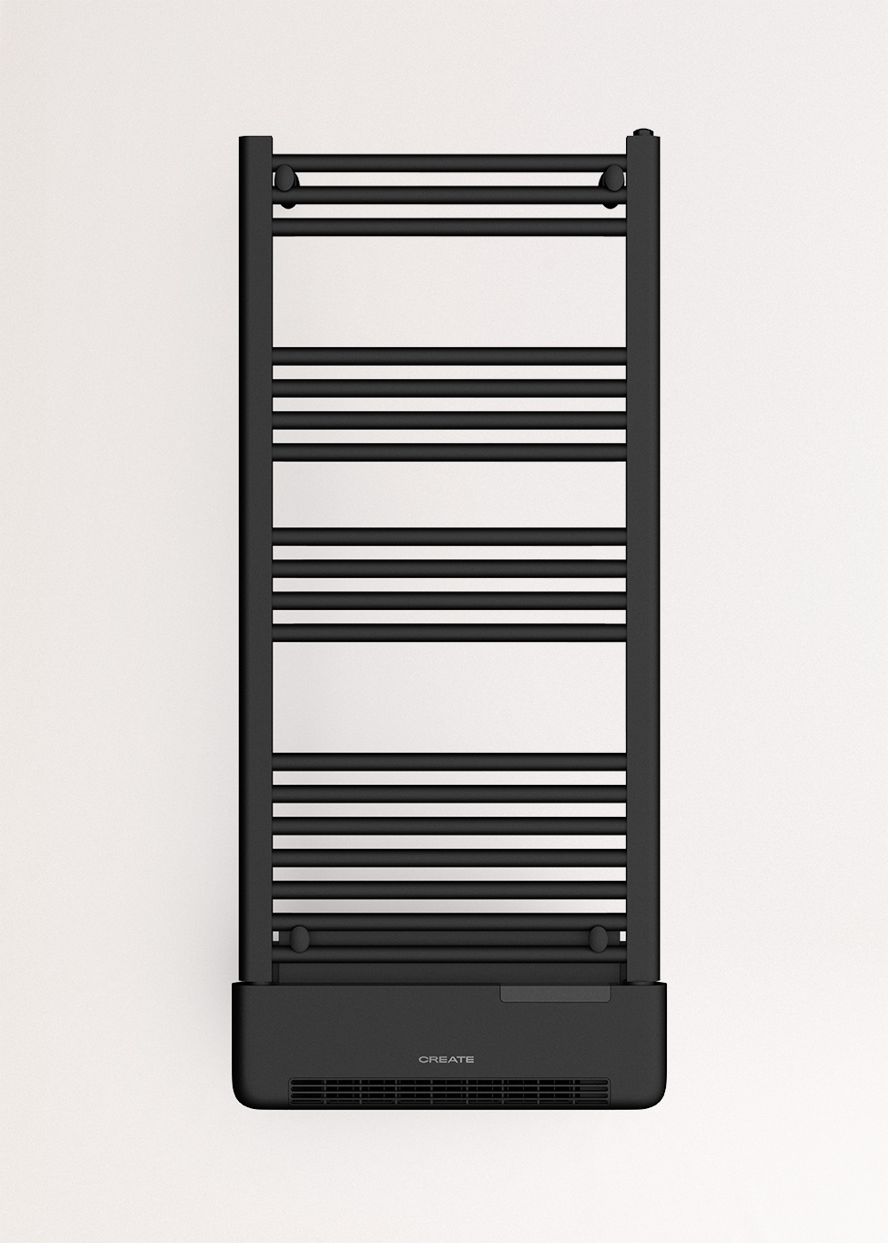 Un radiador de toallas negro contra una pared blanca. El radiador tiene barras horizontales con la marca "CREATE" en la parte inferior.