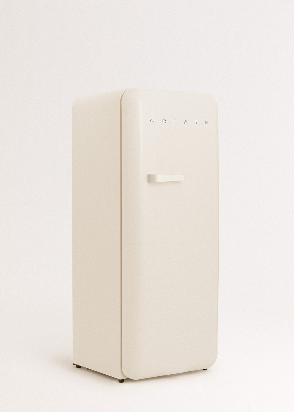 Un refrigerador crema está sobre una superficie blanca. La palabra 'CREATE' está en la puerta. Tiene un asa.