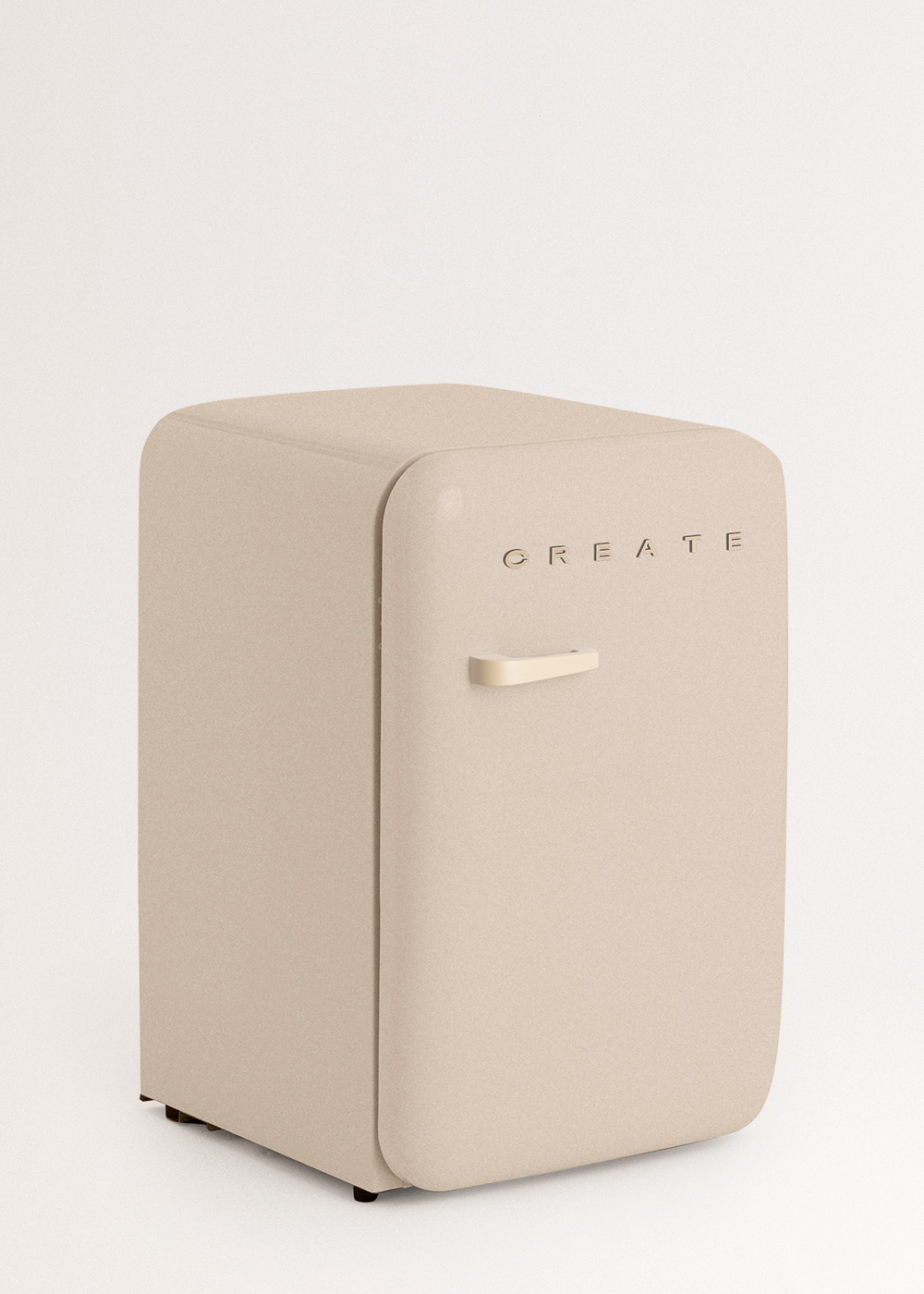 Un mini-frigorífico beige con la palabra CREATE. Tiene un asa crema y está sobre una superficie blanca.