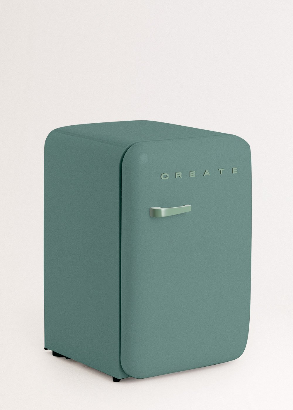 Una mini nevera color verde azulado con la palabra 'CREATE', un asa y fondo blanco.