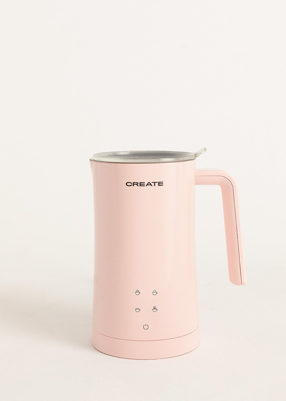 Un espumador de leche rosa con asa, tapa y botones, etiquetado 'CREATE'.