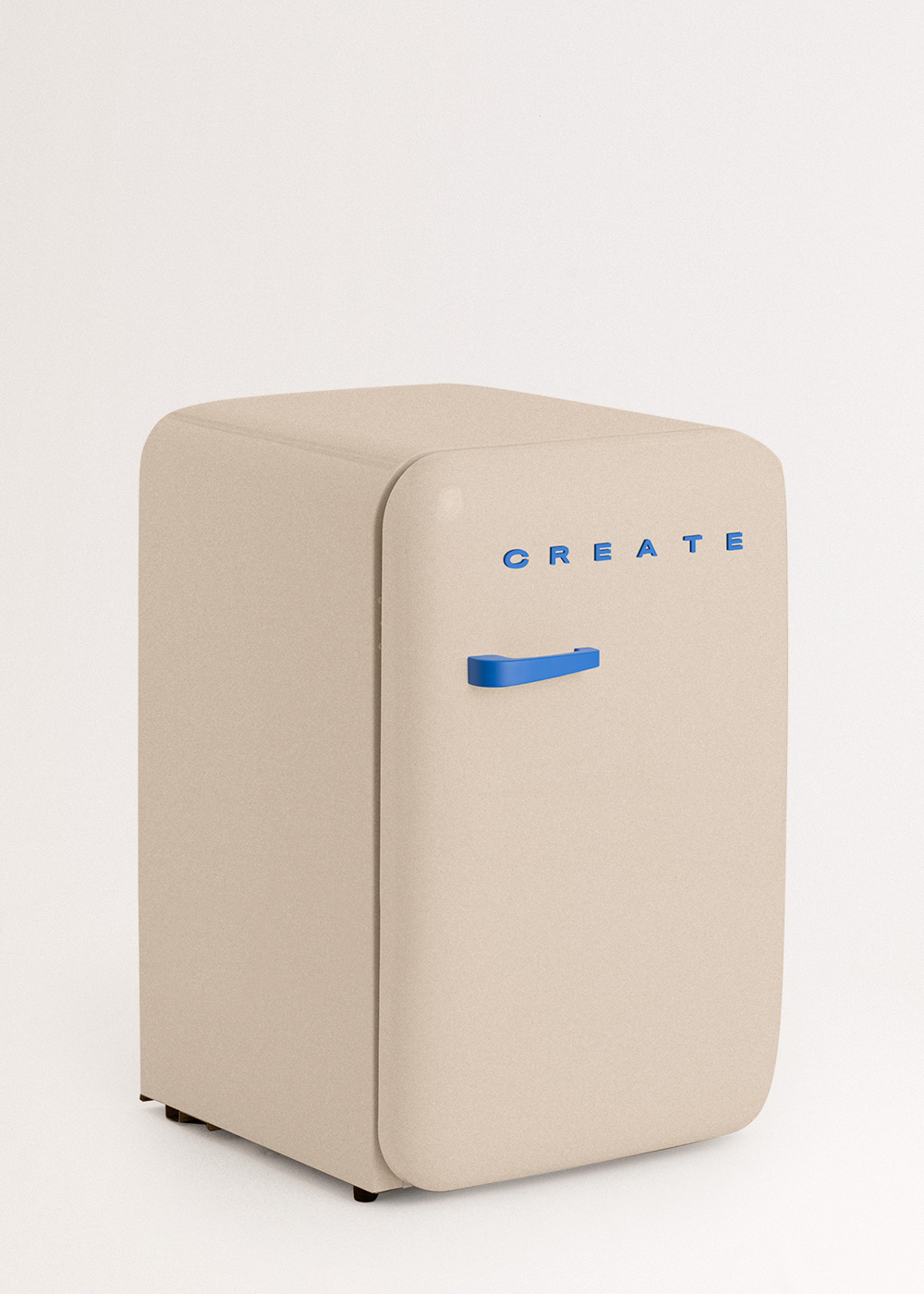 Un mini-refrigerador beige con esquinas redondeadas, una manija azul y la palabra 'CREATE' en letras azules sobre un fondo blanco.