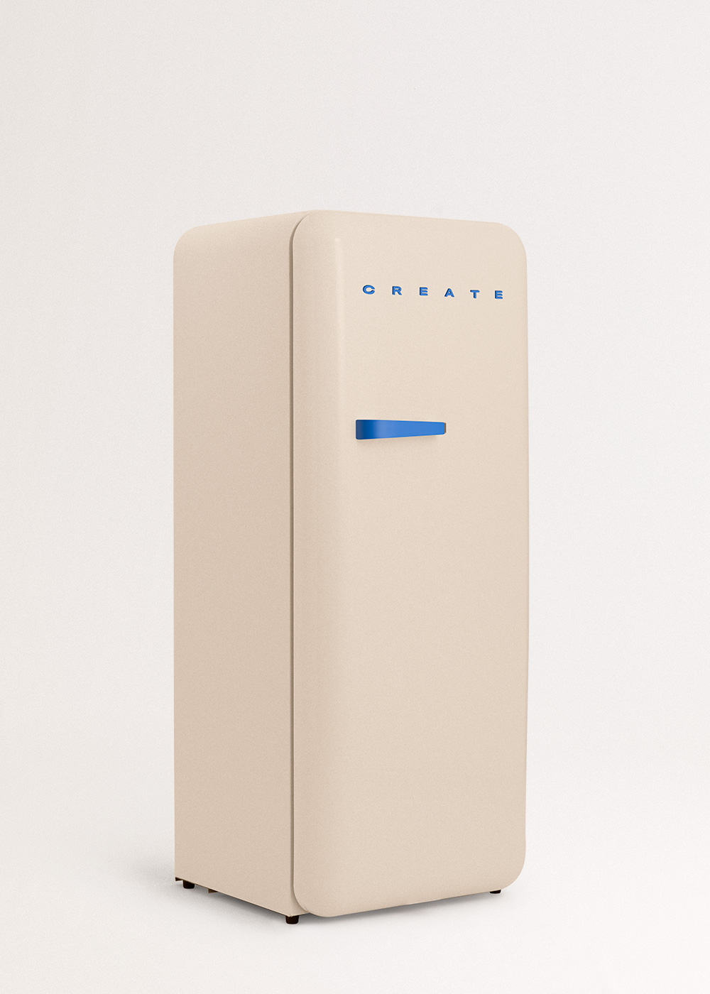 Un refrigerador beige con 'CREATE' en letras azules. Tiene un asa azul. El fondo es blanco.