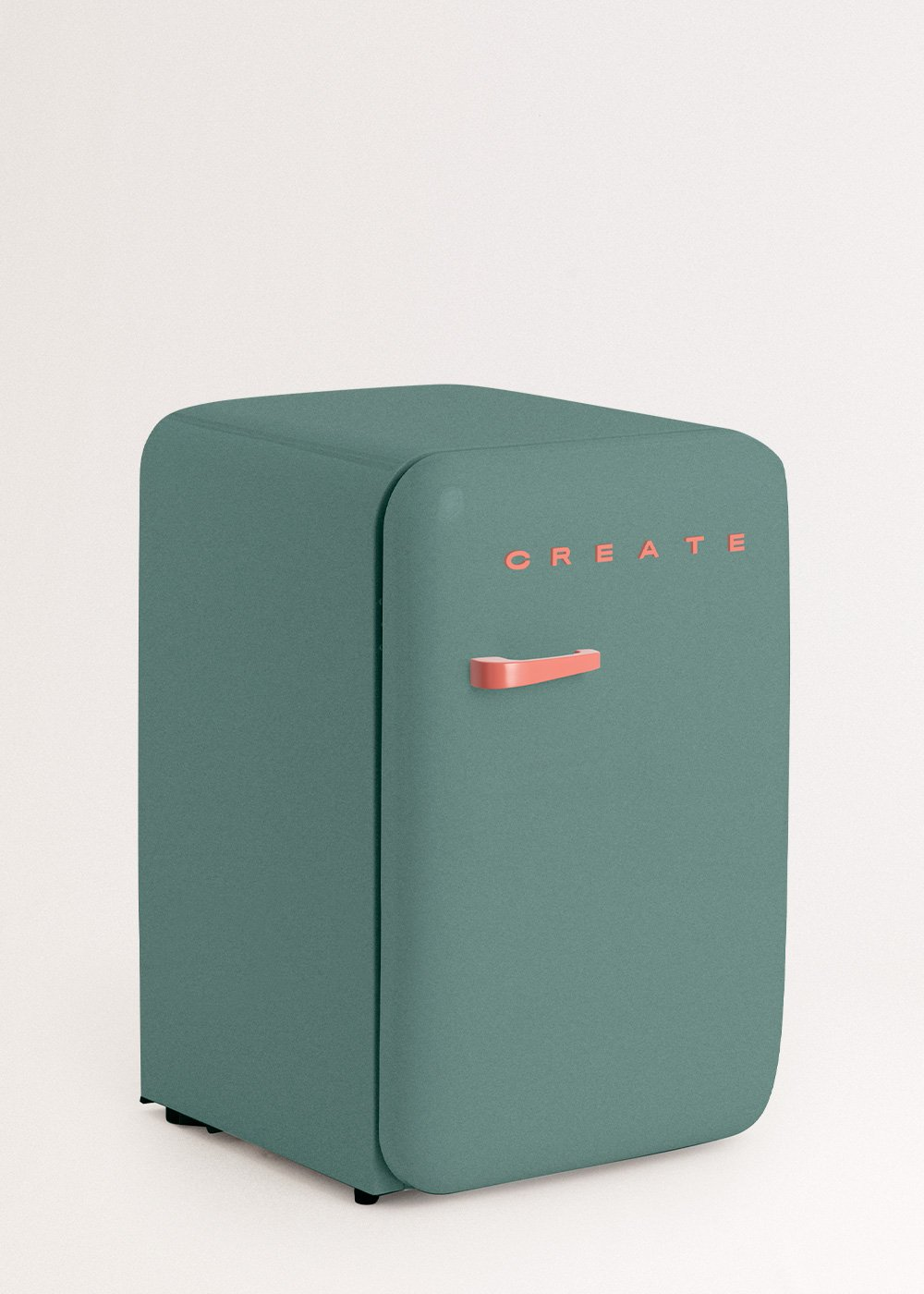 Una mini nevera turquesa con bordes redondeados. La palabra CREATE está escrita en coral. Tiene una manija color coral.
