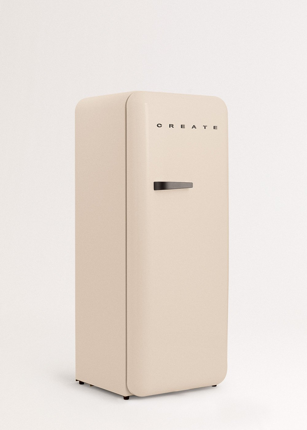 Un refrigerador crema con 'CREATE' arriba. Tiene una manija negra y está sobre un fondo blanco.