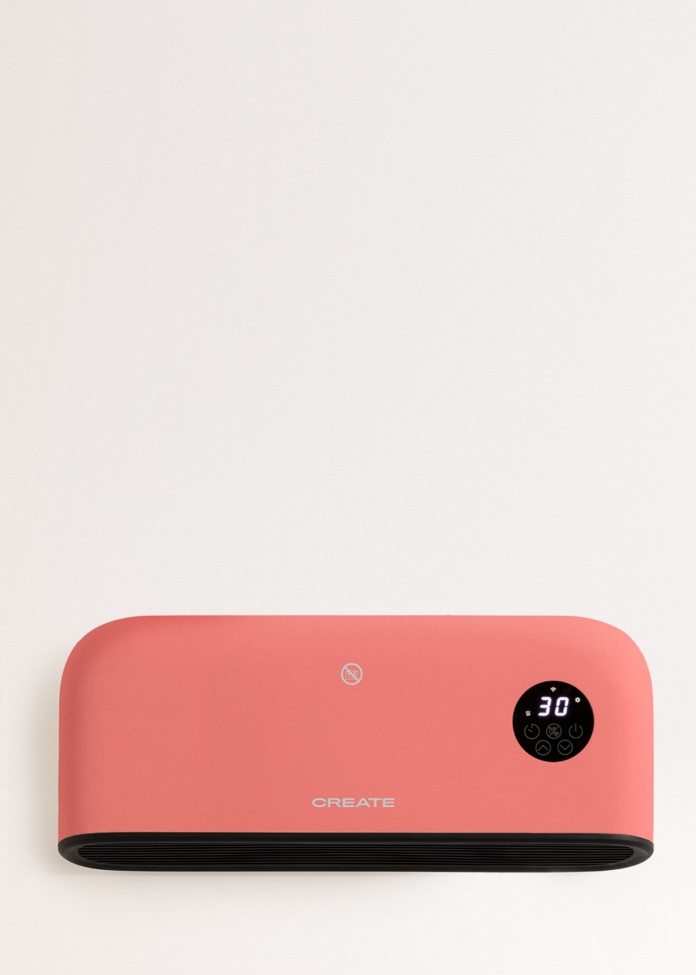 Un aire acondicionado Create de color coral se muestra sobre un fondo blanco. Muestra una temperatura de 30 grados.