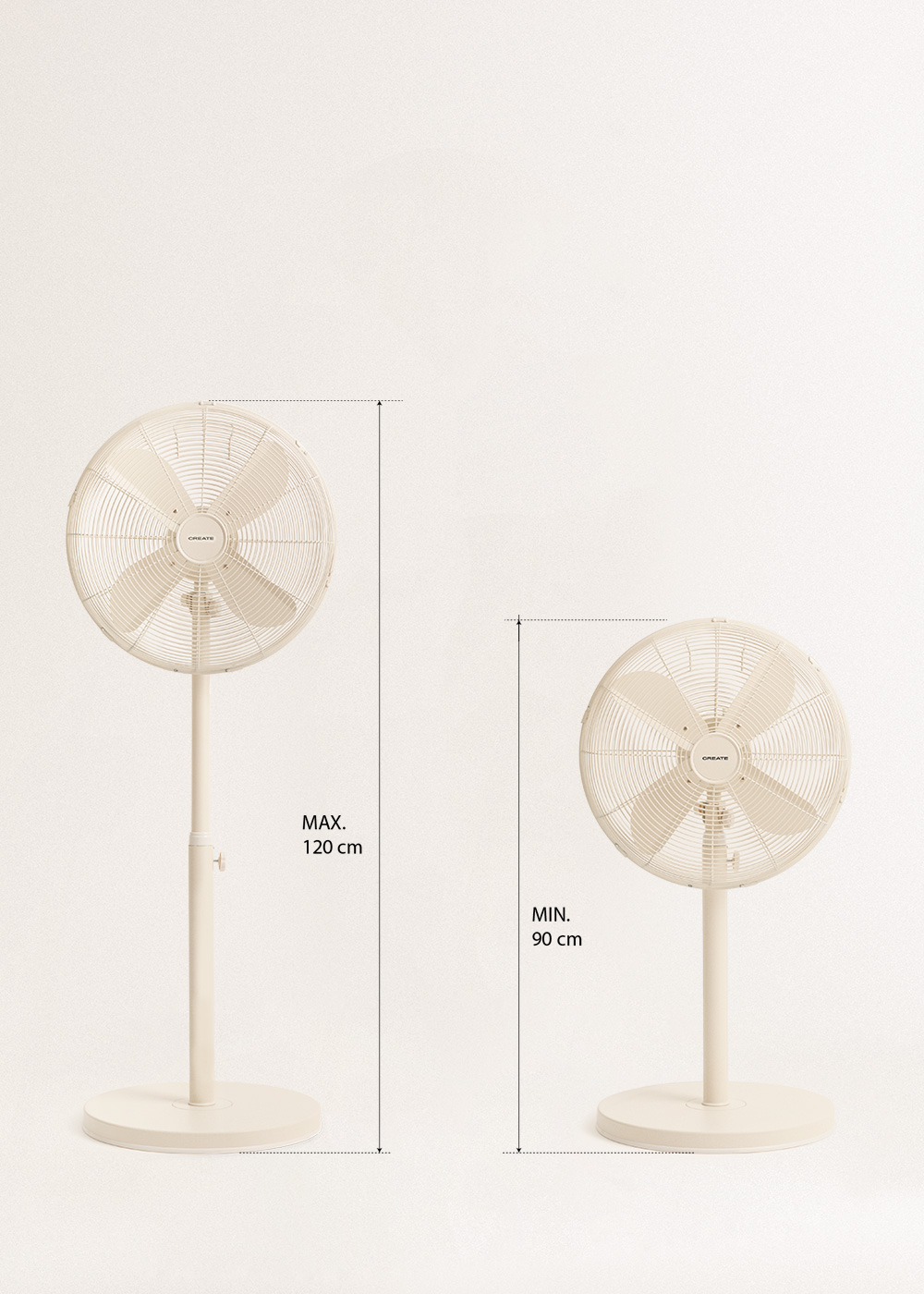 Dos ventiladores de pie beige con altura ajustable sobre fondo blanco. Uno mide 120 cm, el otro 90 cm.