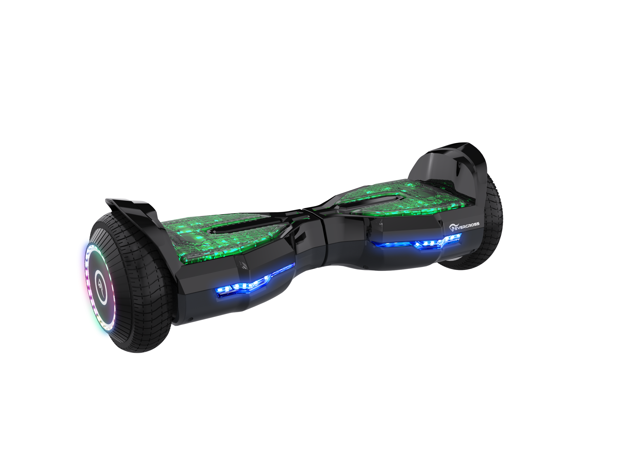 Un hoverboard negro con luces LED verdes y azules sobre un fondo negro.