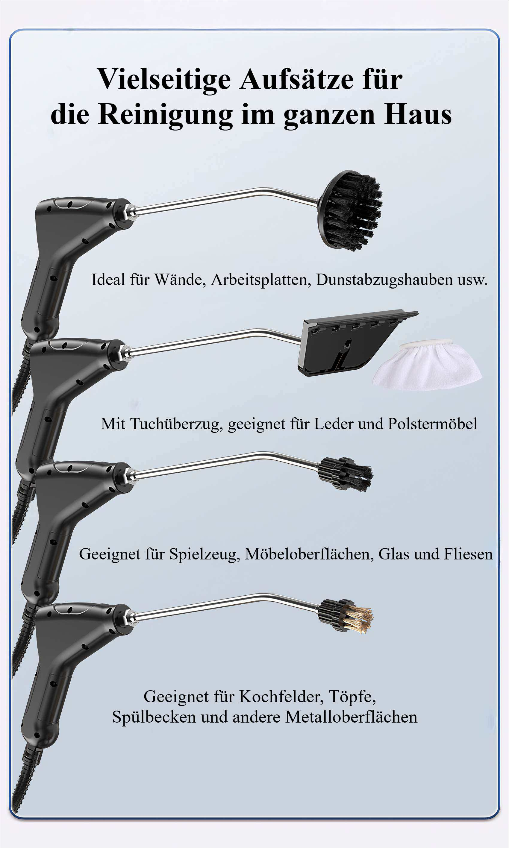 Das Bild zeigt Reinigungsaufsätze. Beschreibungen umfassen die Verwendung für Wände, Leder, Spielzeug und Küchenoberflächen.