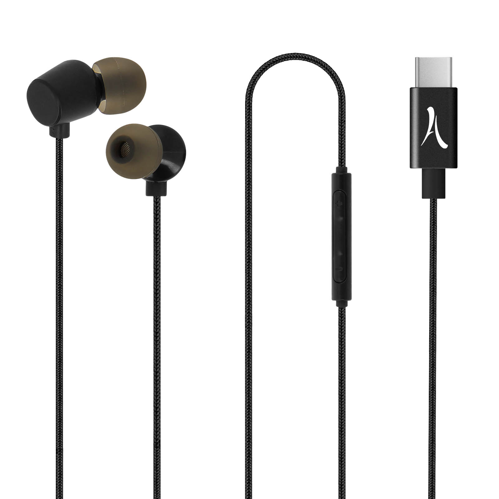 Auricolari neri con punte oliva, cavo e controllo neri e connettore USB-C nero con logo bianco.