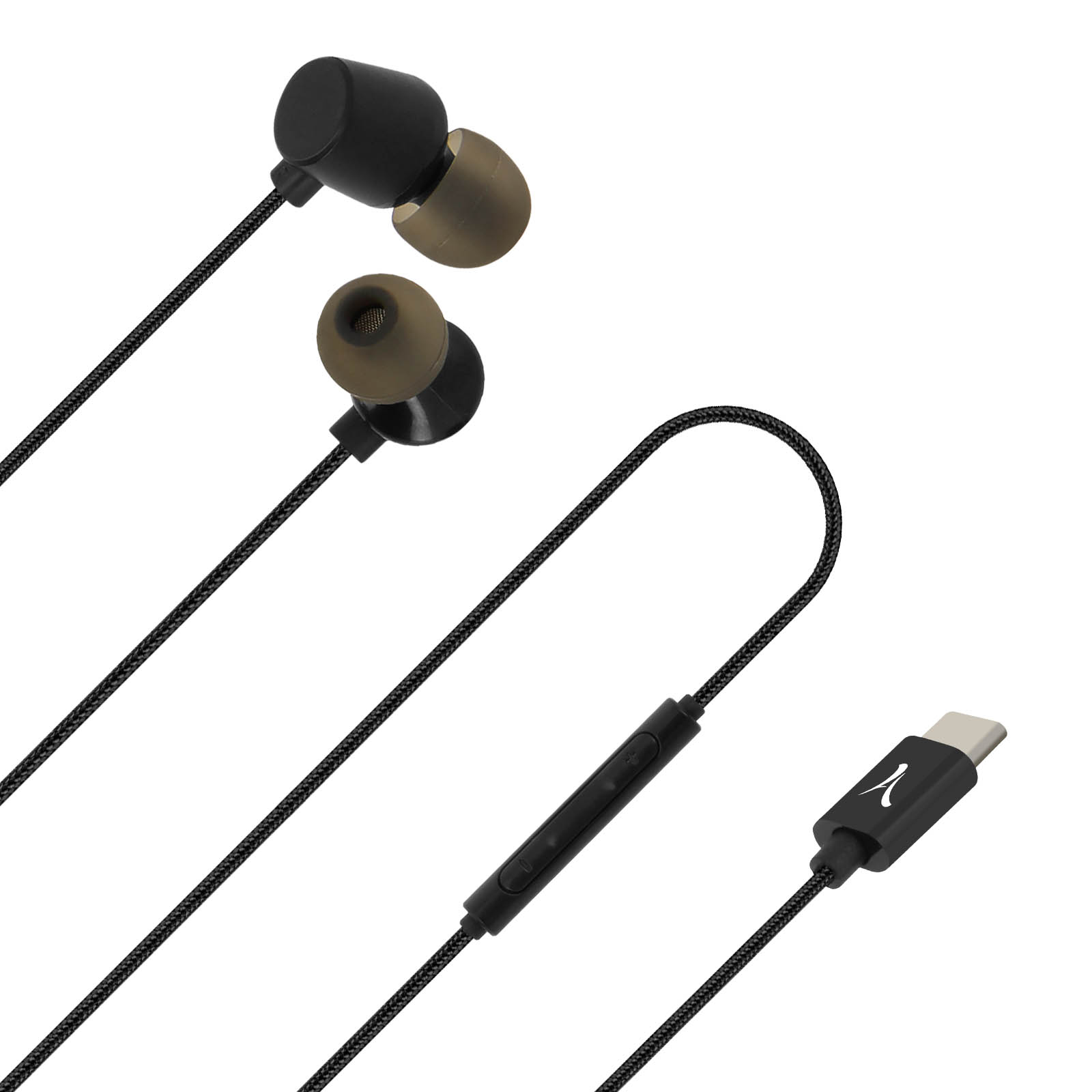 Auricolari neri con cavo intrecciato, controllo in linea e connettore USB-C. Gli auricolari sono neri e beige.