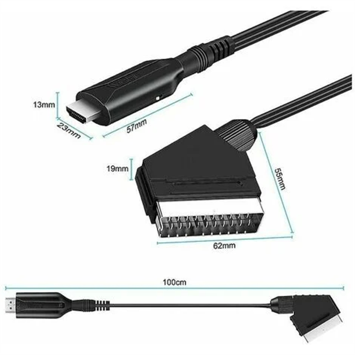 Schwarzes HDMI-zu-SCART-Adapterkabel. Abmessungen sind angegeben: 100 mm, 62 mm, 57 mm, 55 mm, 23 mm, 19 mm und 13 mm.