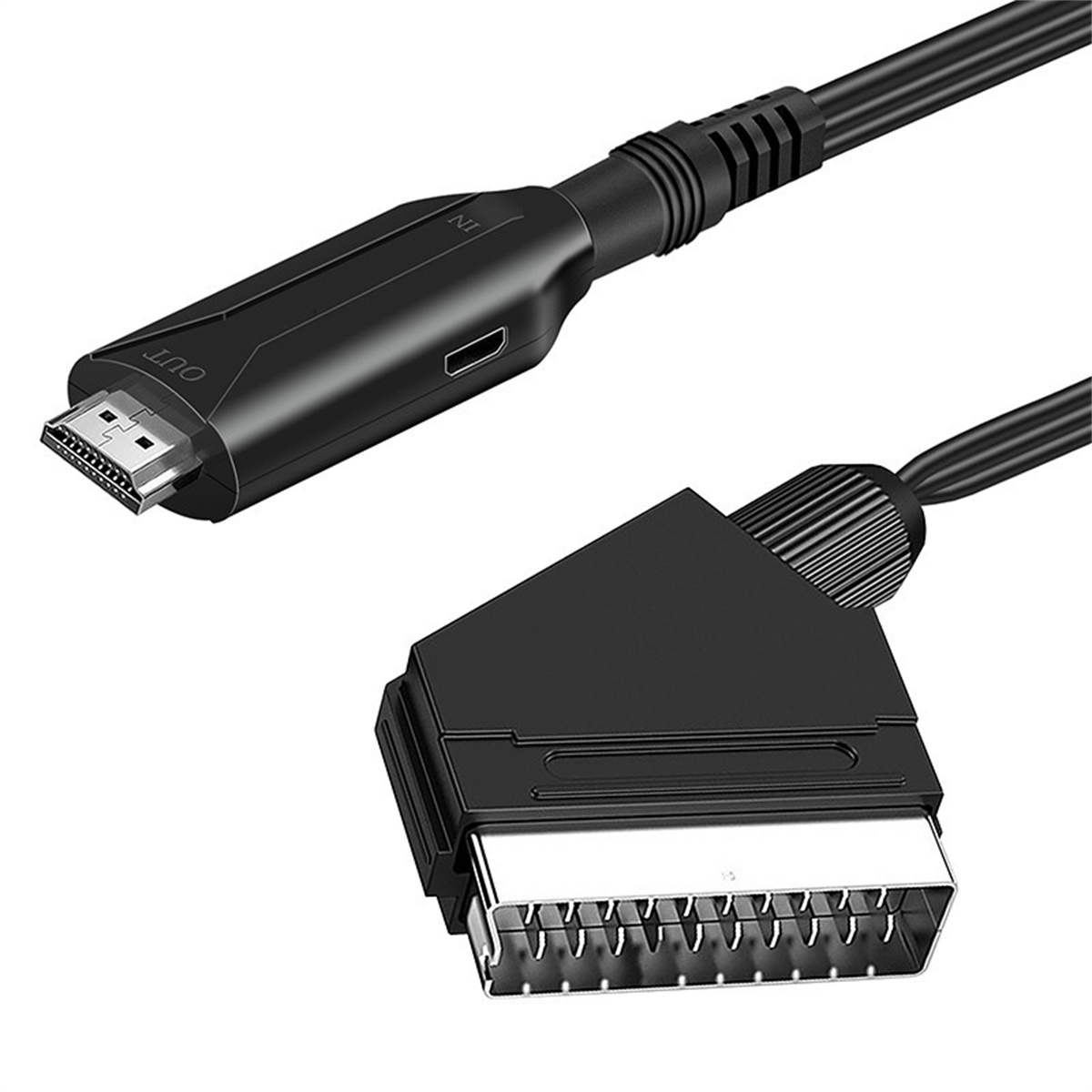 Ein schwarzes HDMI-zu-SCART-Adapterkabel. Ein Ende hat einen HDMI-Anschluss, das andere einen SCART-Anschluss. Beide sind schwarz.