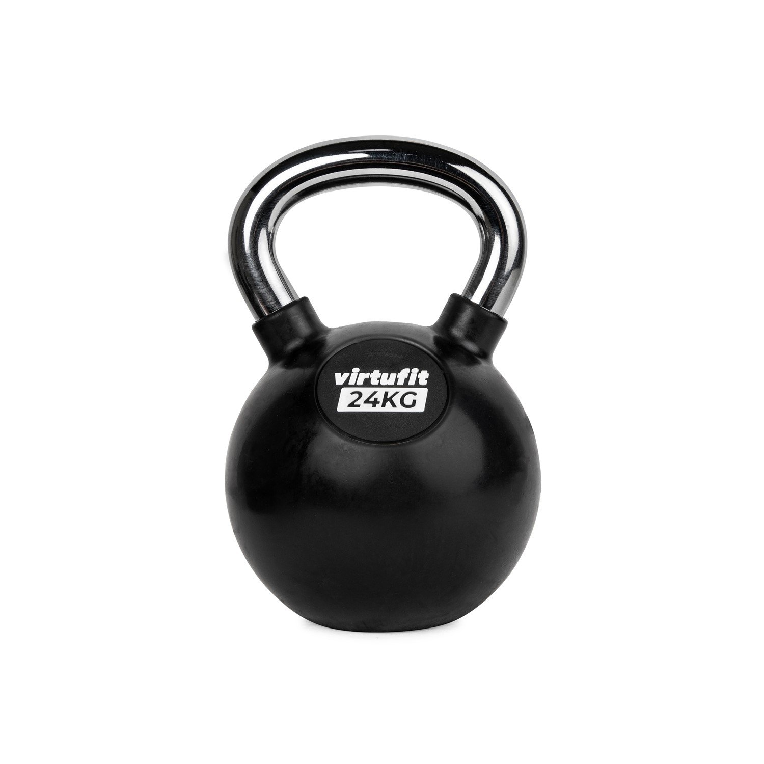 Schwarze Kettlebell mit silbernem Griff. Auf der Vorderseite steht 'virtufit 24KG'. Isoliert auf weißem Hintergrund.