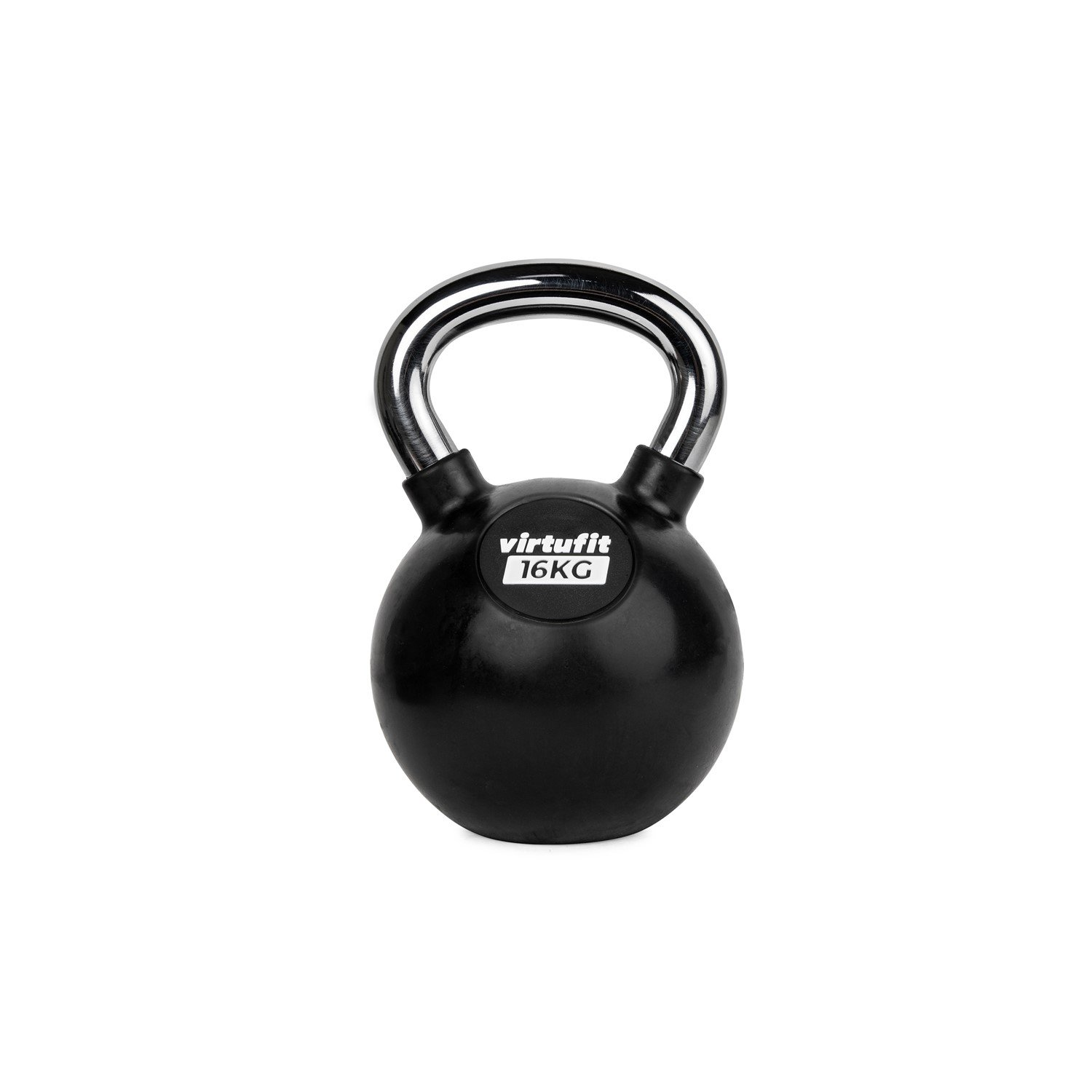 Eine schwarze Kettlebell mit silbernem Griff. Das Gewicht beträgt 16 kg. Der Markenname ist VirtuFit.
