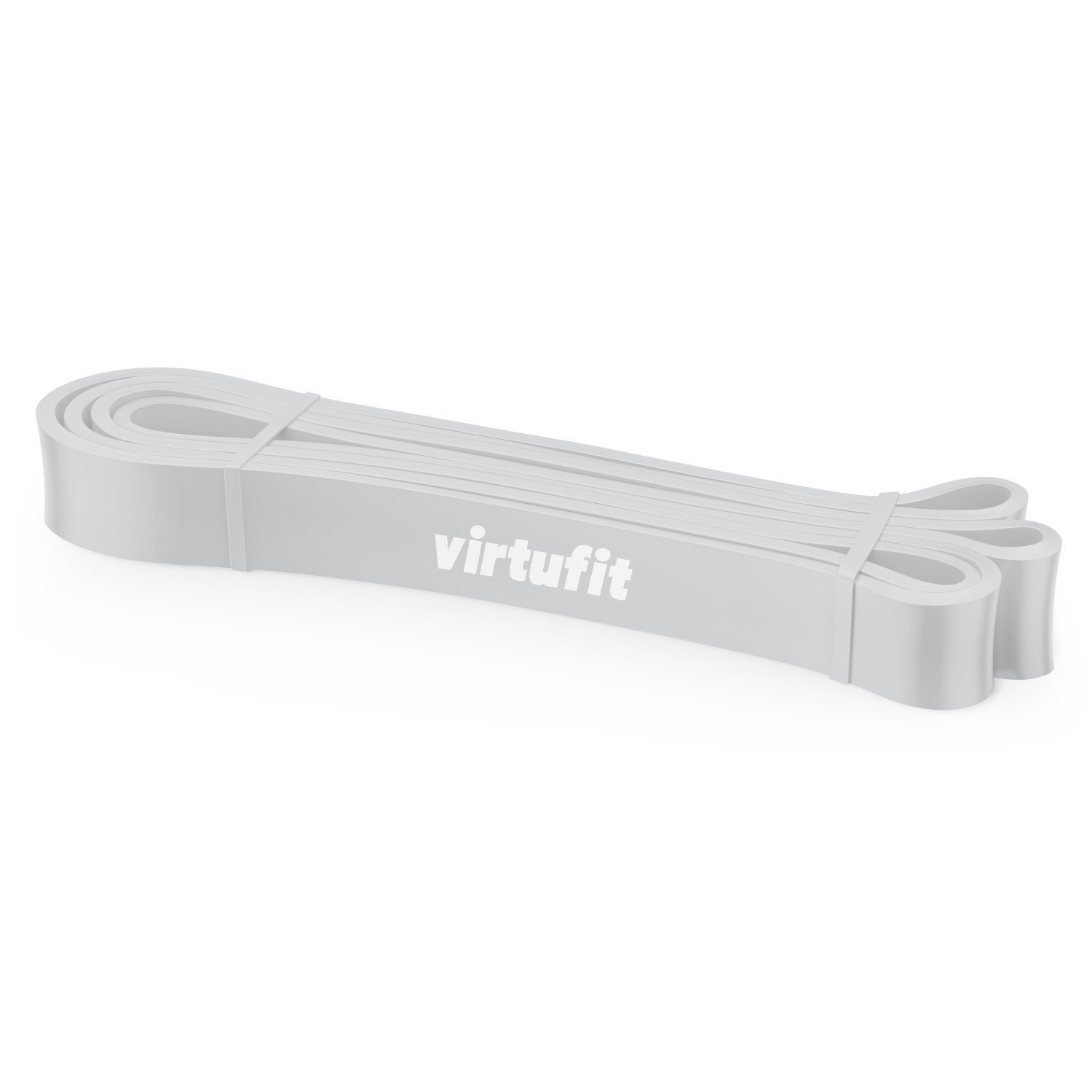 Ein weißes Widerstandsband mit dem Aufdruck 'virtufit', in einer Schlaufe angeordnet, auf weißem Hintergrund.