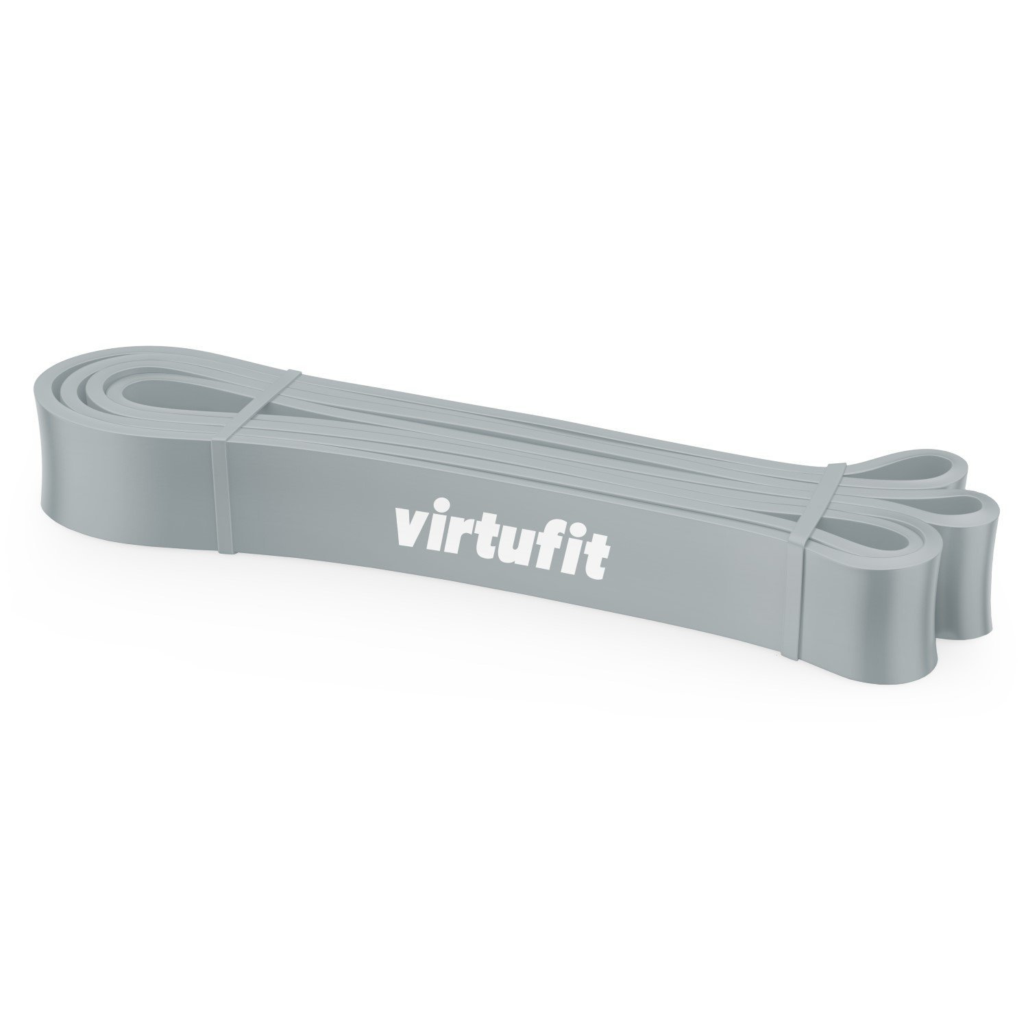 Ein graues Widerstandsband mit dem weißen Wort 'virtufit'. Das Band ist über sich selbst gefaltet.
