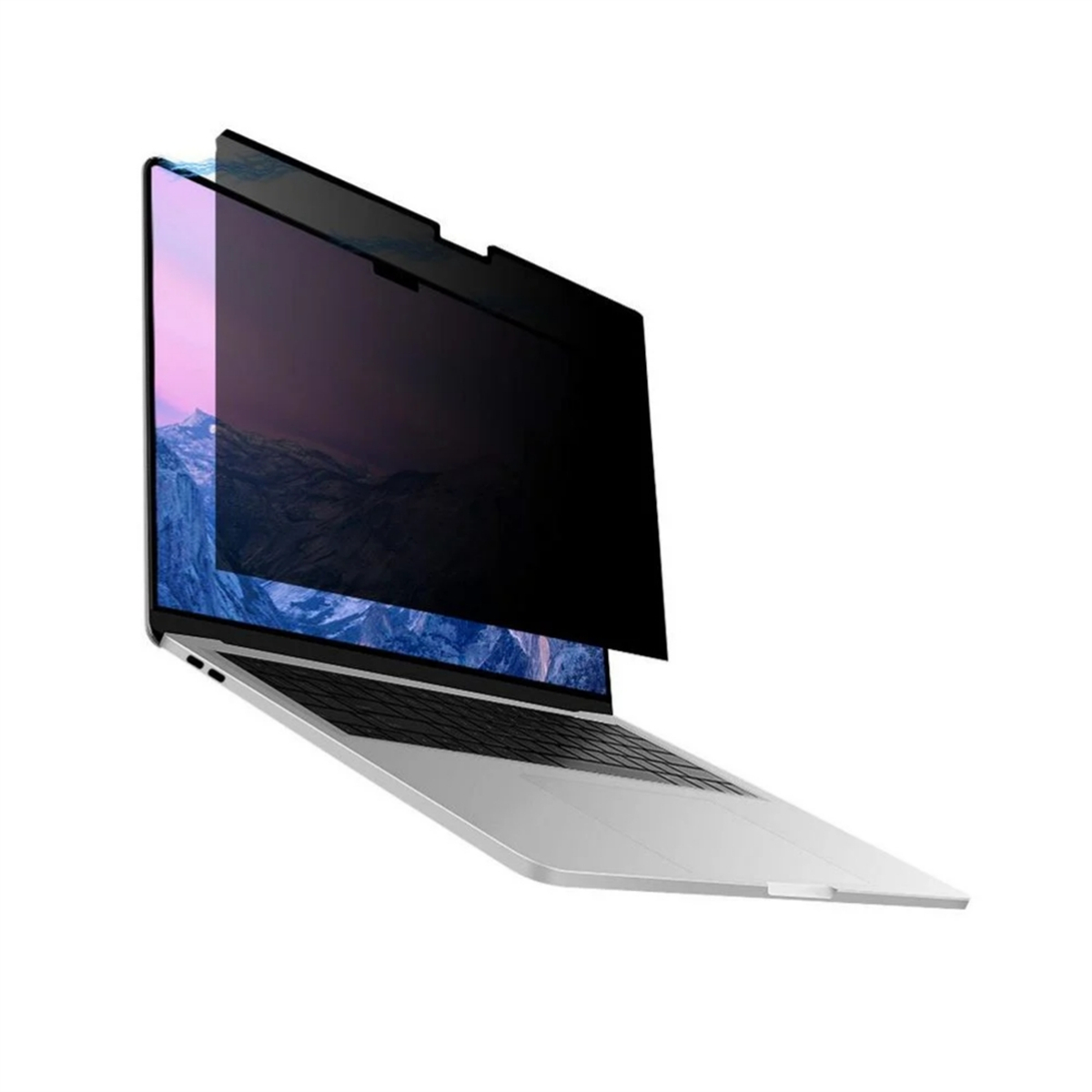 Ein Laptop mit einem Sichtschutz ist abgebildet. Der Laptop ist silberfarben, der Bildschirm ist dunkel und der Hintergrund ist weiß.