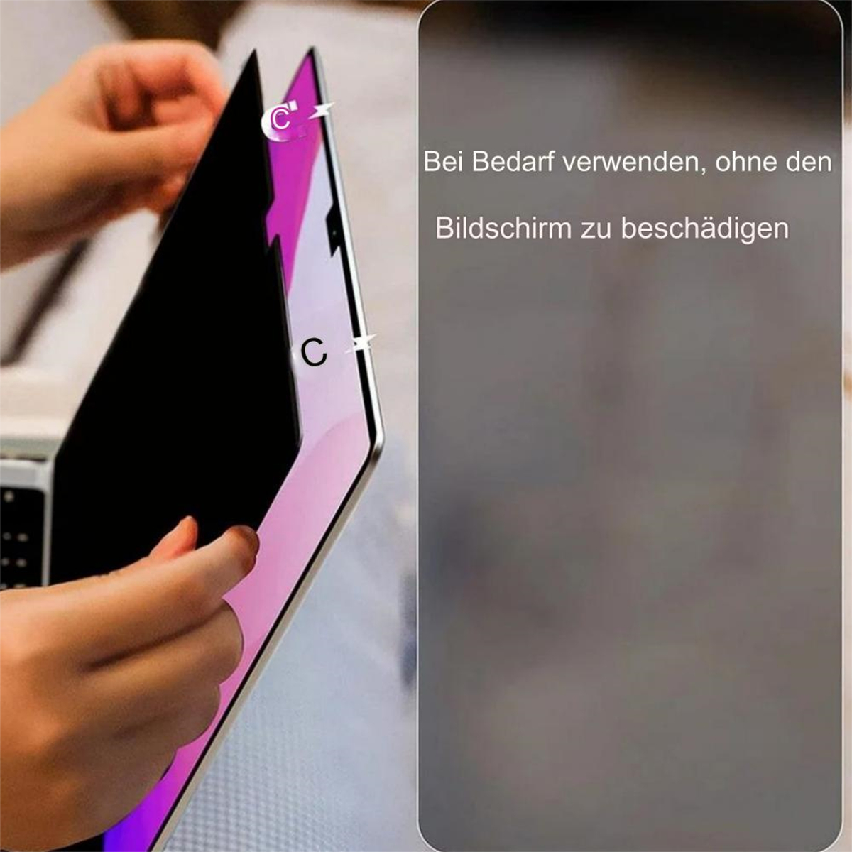 Eine Person hält einen schwarzen Bildschirmschutz neben einem Laptop-Bildschirm. Text rechts erklärt die Anwendung.
