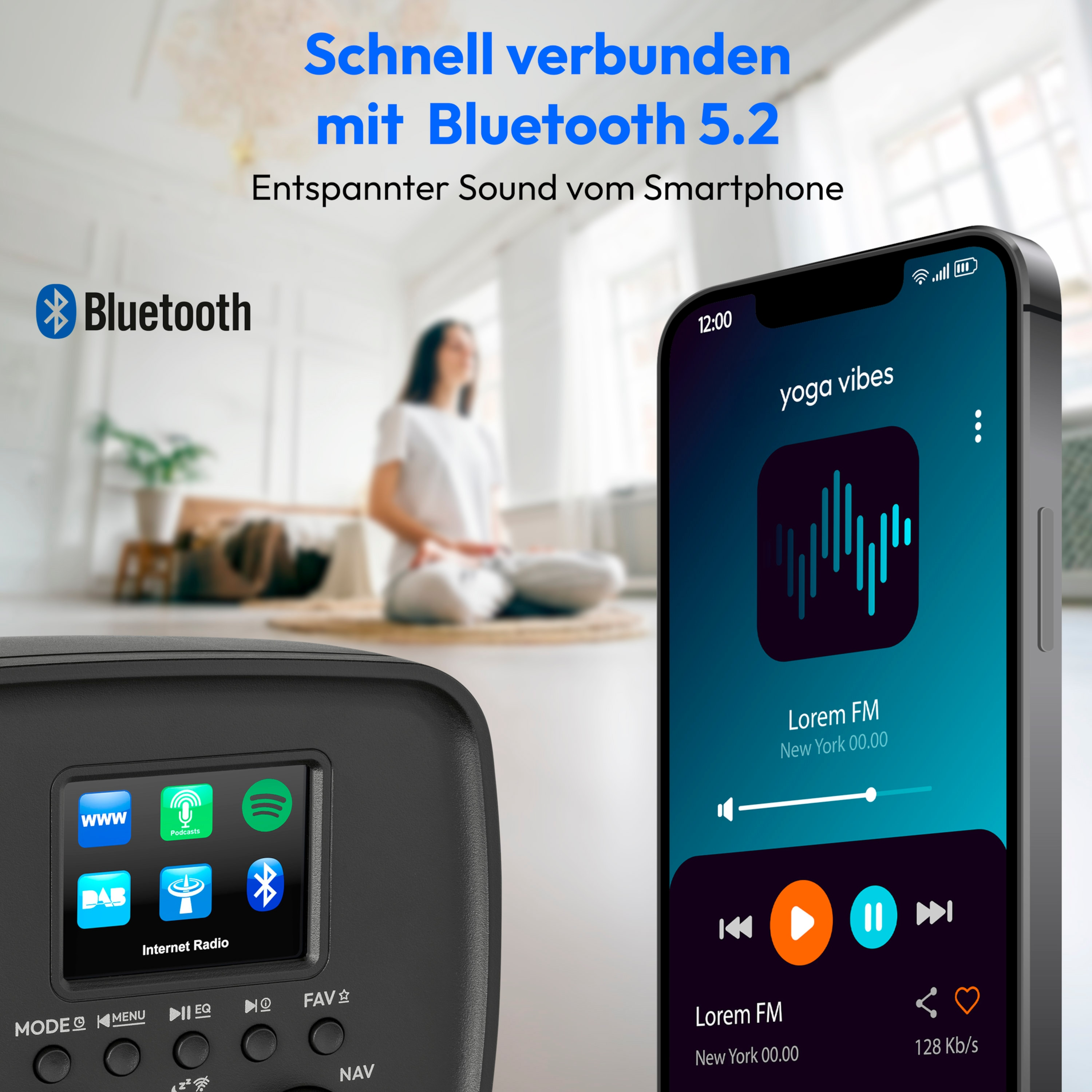Ein Radio mit Telefon, das Musik zeigt. Im Hintergrund ist eine Frau. Das Radio hat einen Bildschirm und Knöpfe.