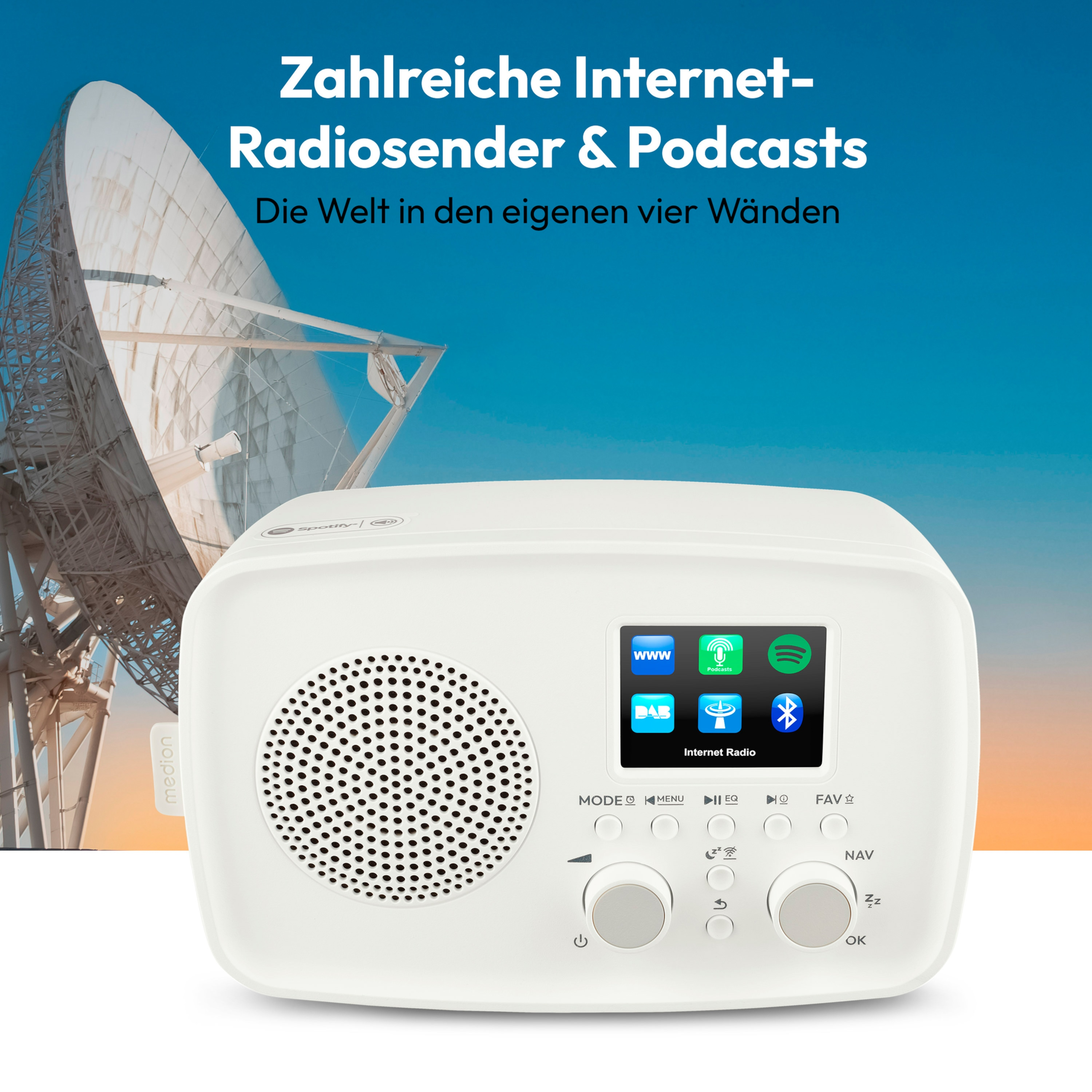 A white internet radio with icons, a speaker, and a satellite dish in the background against a blue sky.