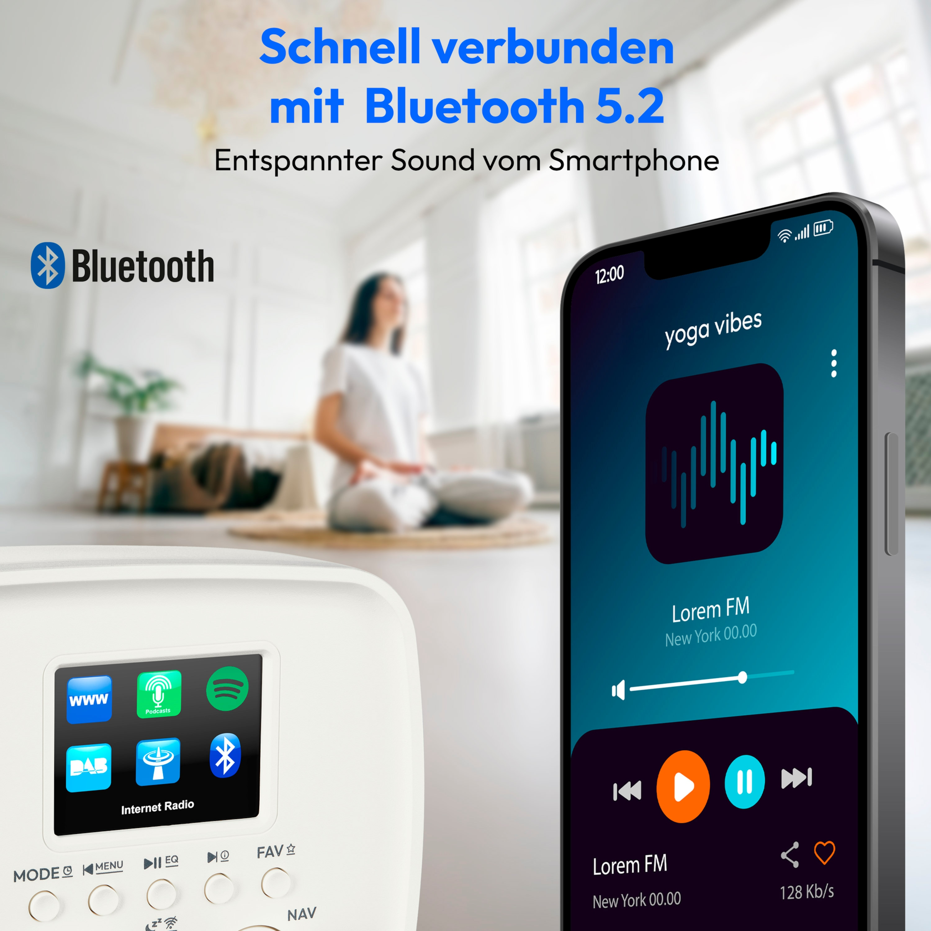 A phone displays a music app, a radio and Bluetooth logo, and a woman in the background.