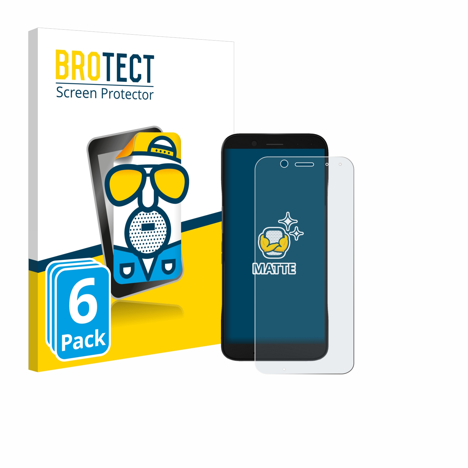 Eine Handy-Displayschutzbox und ein Telefon mit Displayschutz. Die Box hat ein Cartoon-Gesicht und sagt '6er-Pack'.