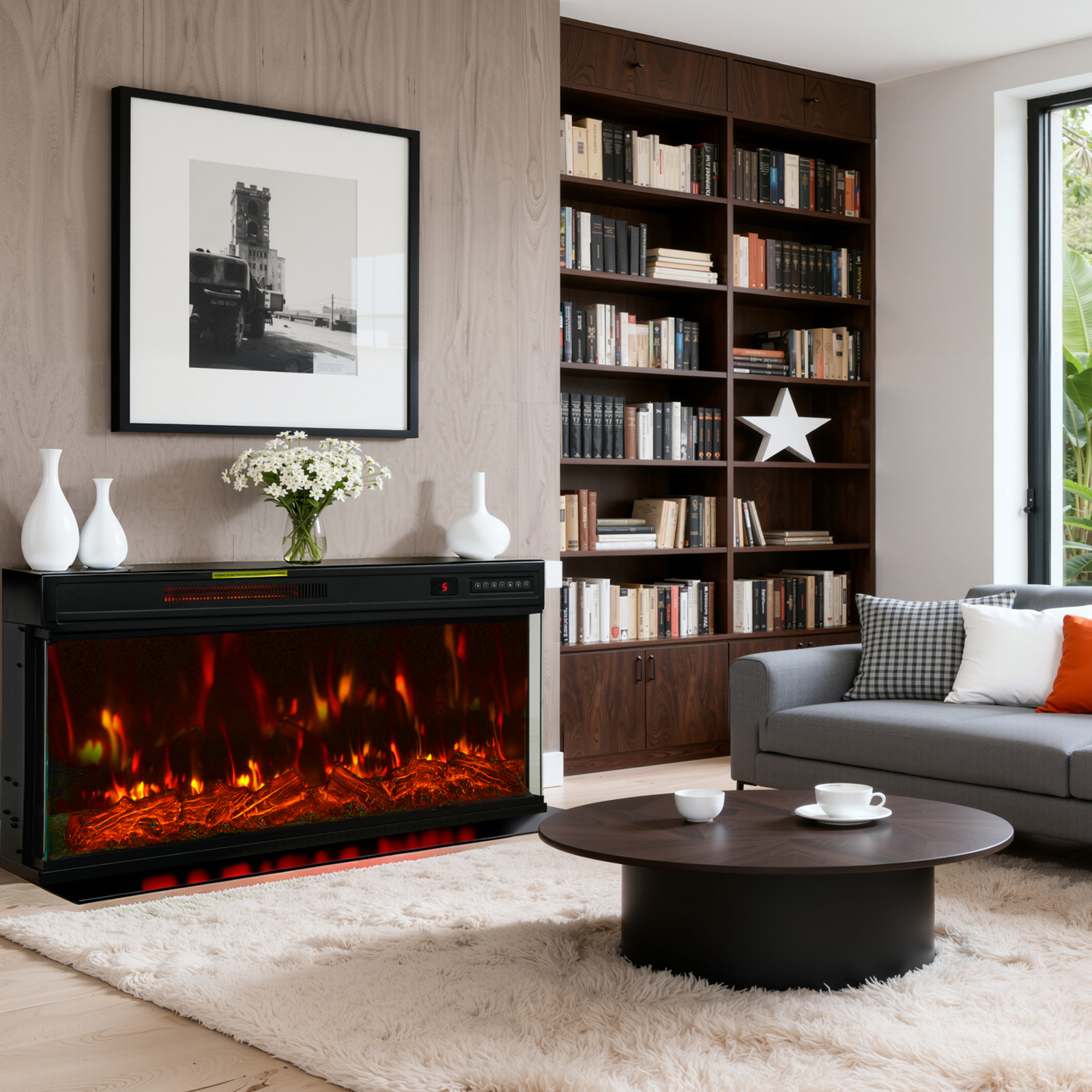 Salon z kominkiem, książkami, sofą i stolikiem kawowym. Kominek ma efekt płomienia. Obecna sztuka ścienna i biały dywan.