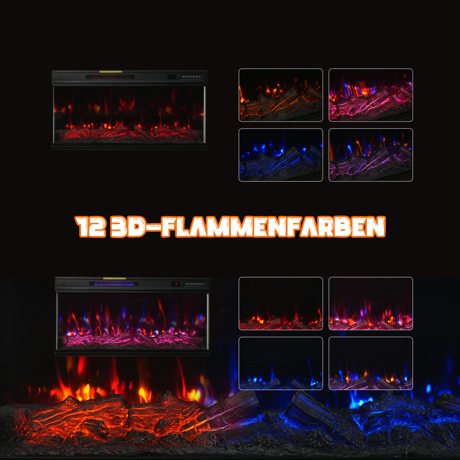 Elektrischer Kamin mit 12 Flammenfarben, die verschiedene Optionen zeigen. Schwarzer Hintergrund, Text: 12 3D-FLAMMENFARBEN.