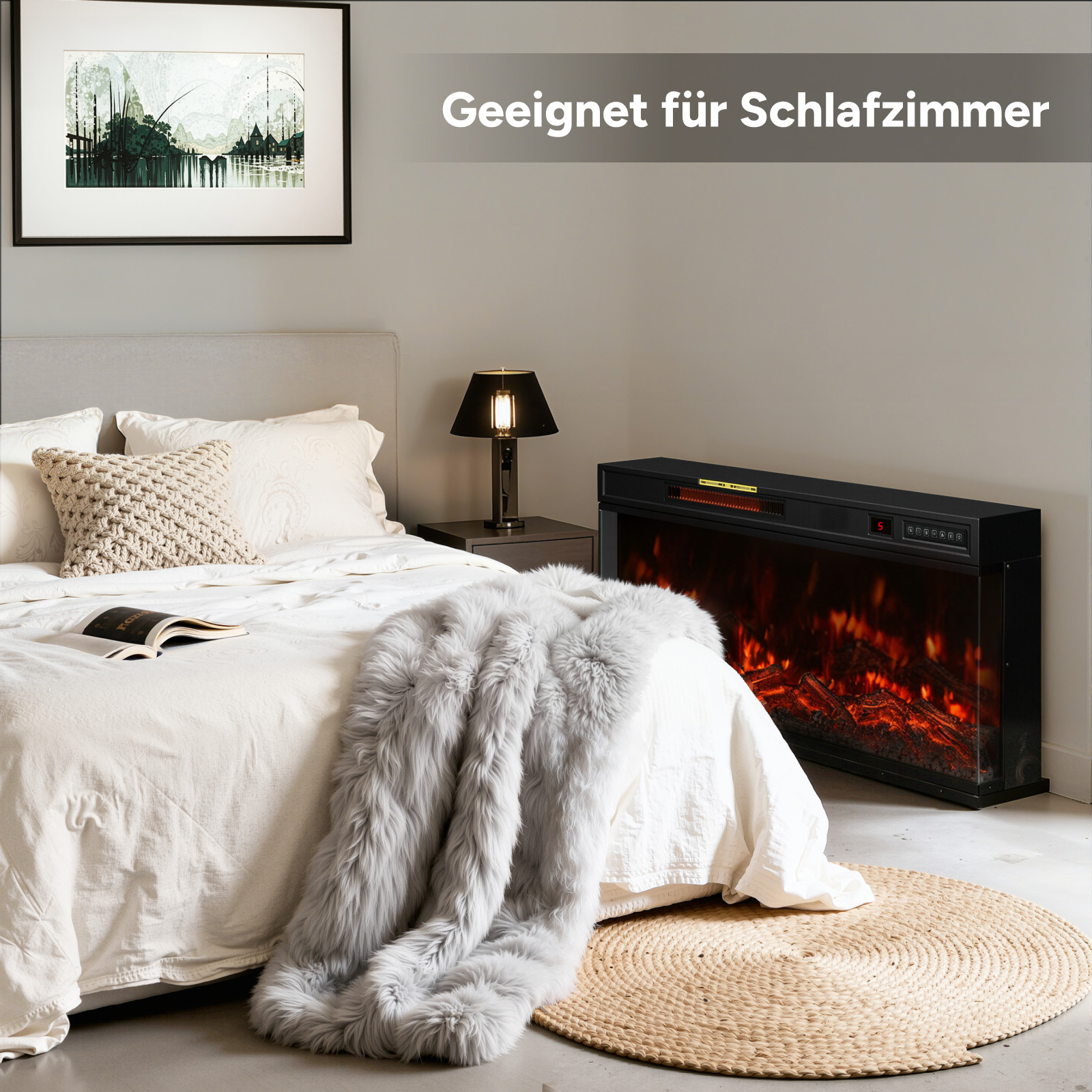 Schlafzimmerszene mit Bett, dekorativem Kamin, Bild, Lampe und Teppich. Bett hat Kissen und Decke. Kamin hat Feuereffekt.