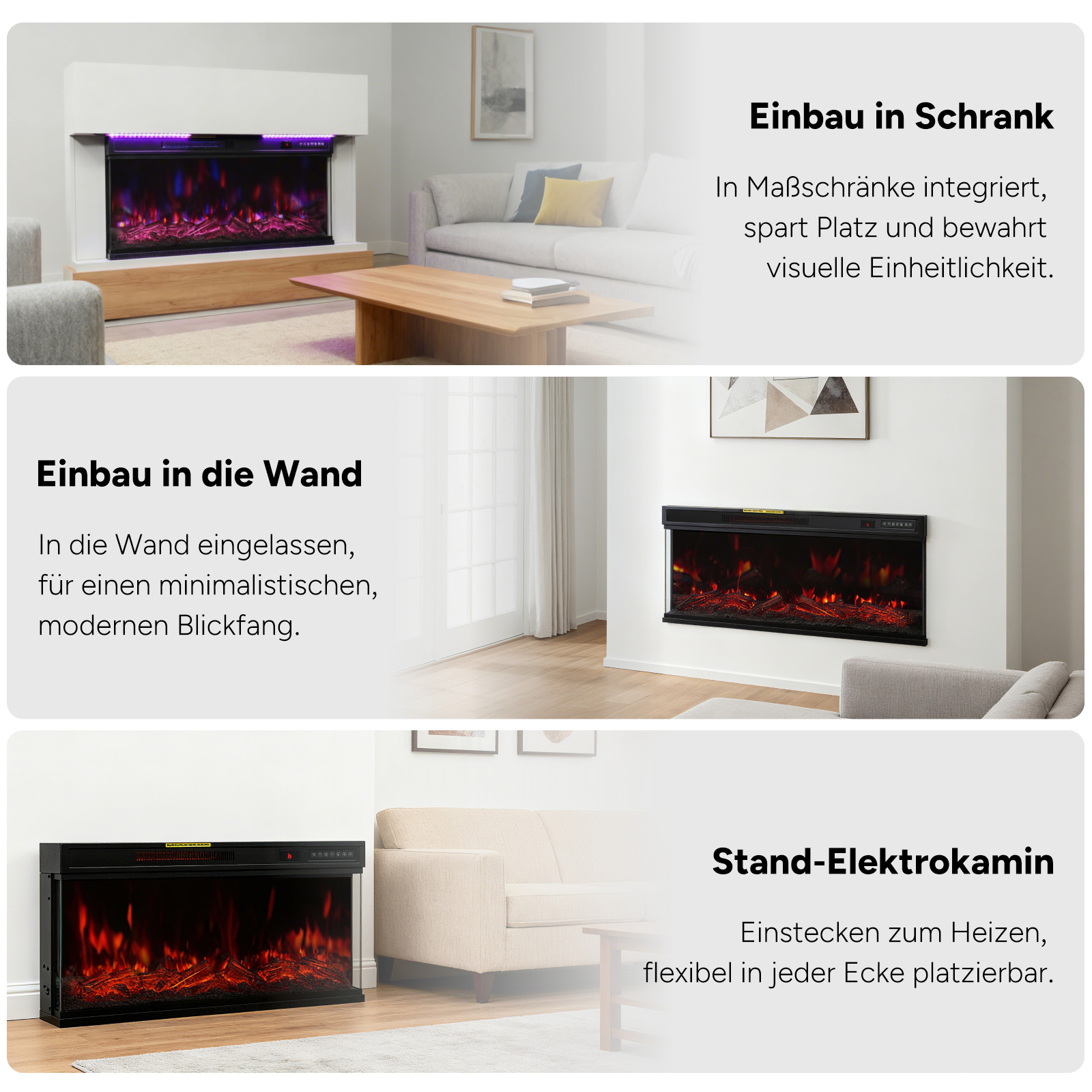 Drei Elektrokamine: eingebaut in einen Schrank, in eine Wand und ein freistehendes Modell, in verschiedenen Innenräumen.