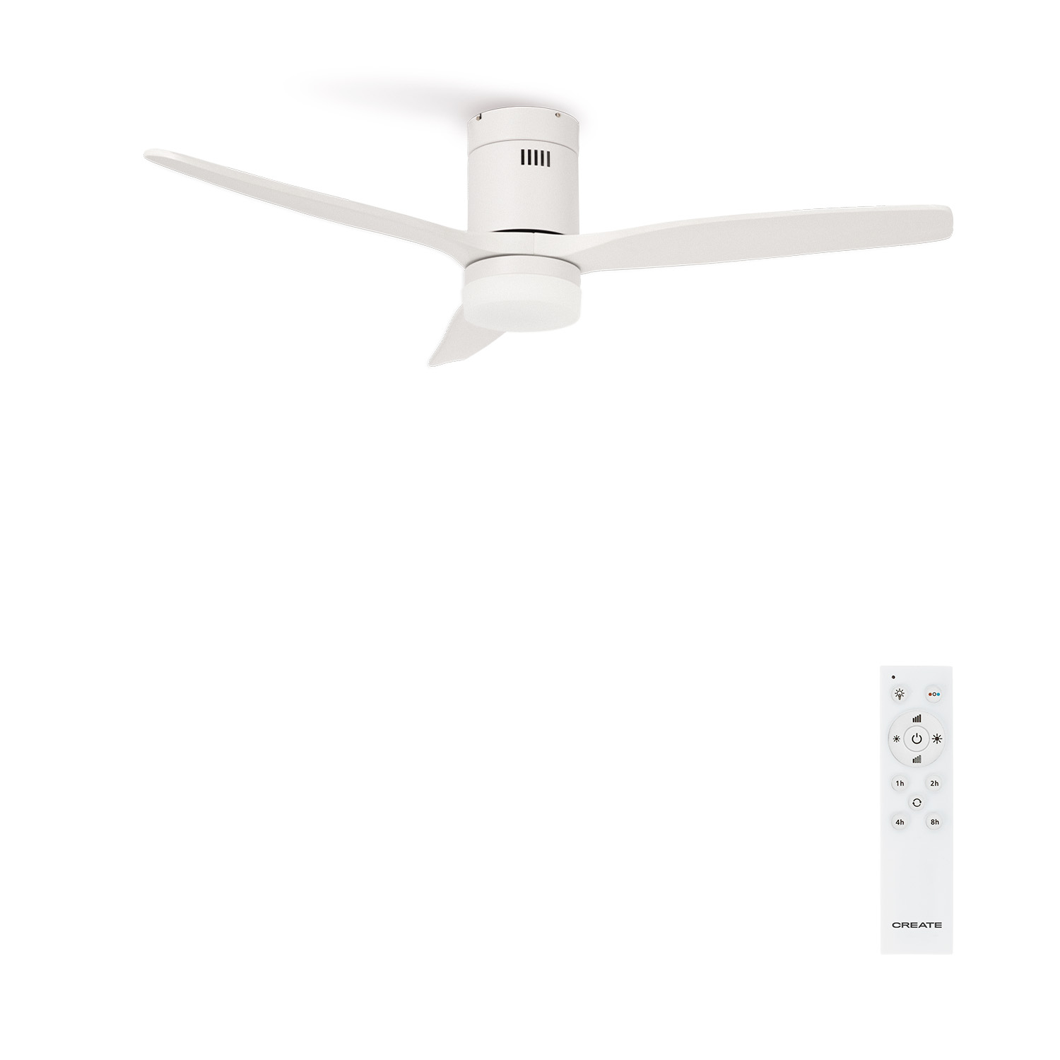 Un ventilador de techo blanco con tres aspas y un mando a distancia. El ventilador está montado en un techo blanco.