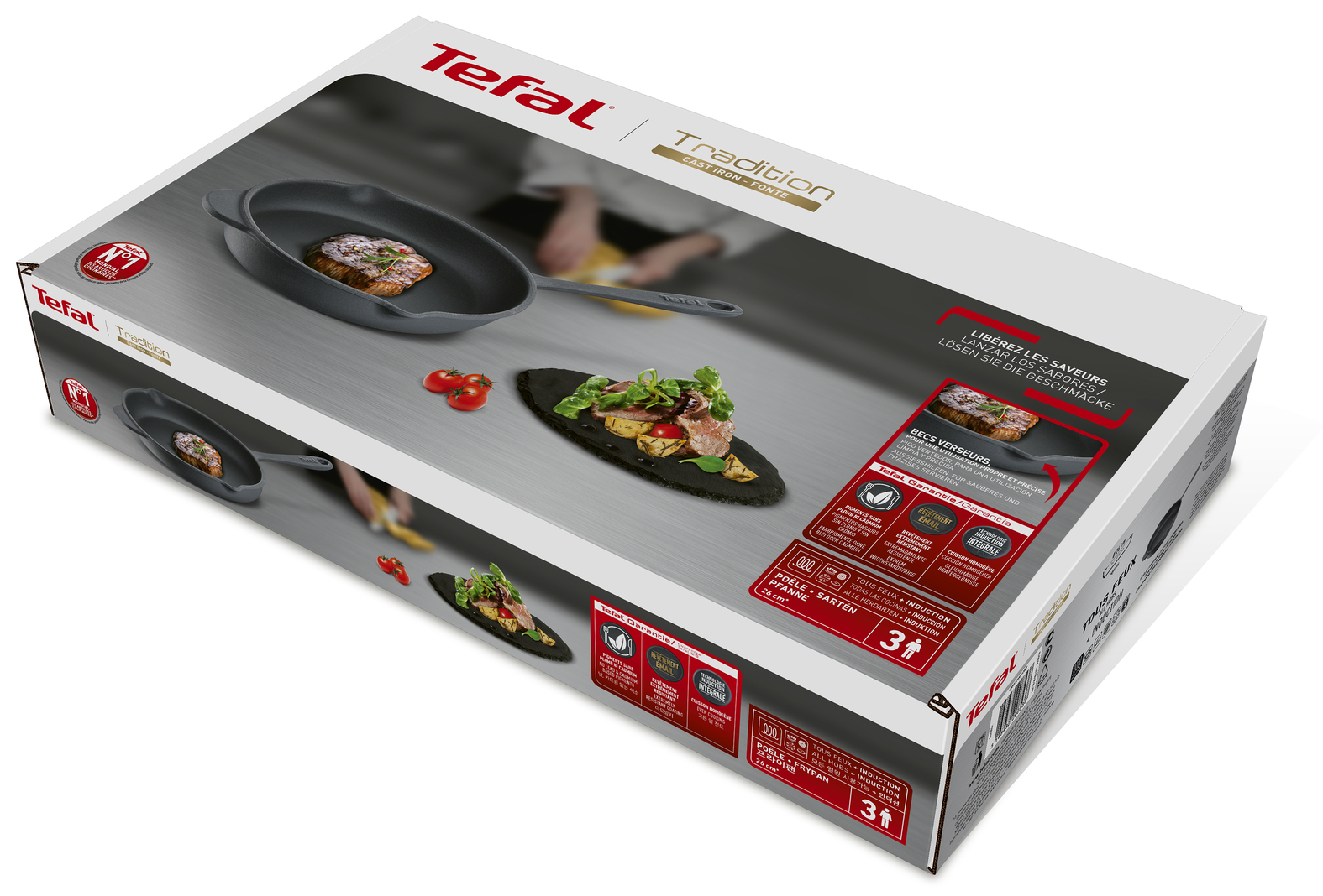 Pudełko patelni żeliwnej Tefal Tradition. Patelnia ze stekiem na wierzchu. Pudełko pokazuje ugotowany stek i inne jedzenie.